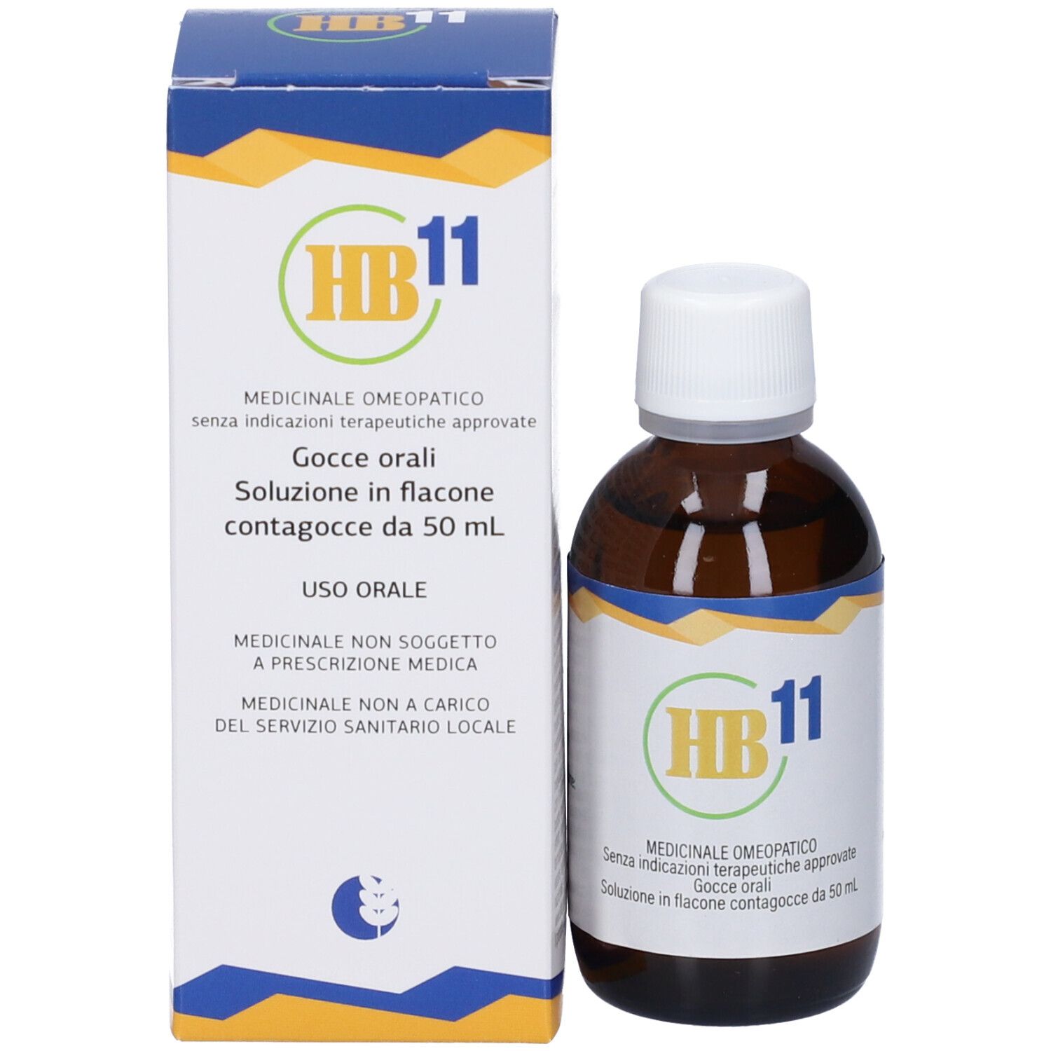 Flacone in vetro ambrato con tappo contagocce bianco, etichetta "HB 11" e "Gocce omeopatiche".
