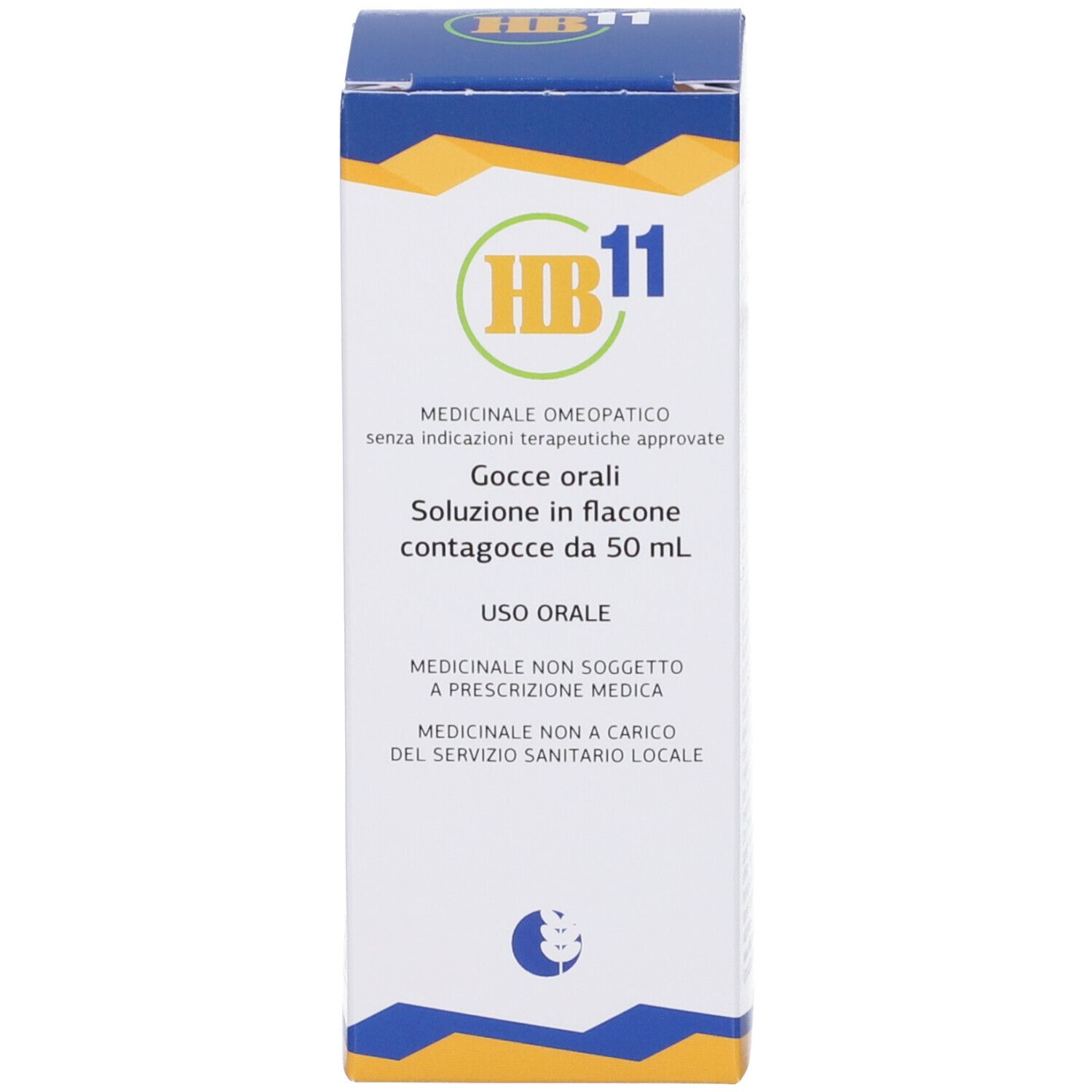 Flacone in vetro ambrato con tappo contagocce bianco, etichetta "HB 11" e "Gocce omeopatiche".