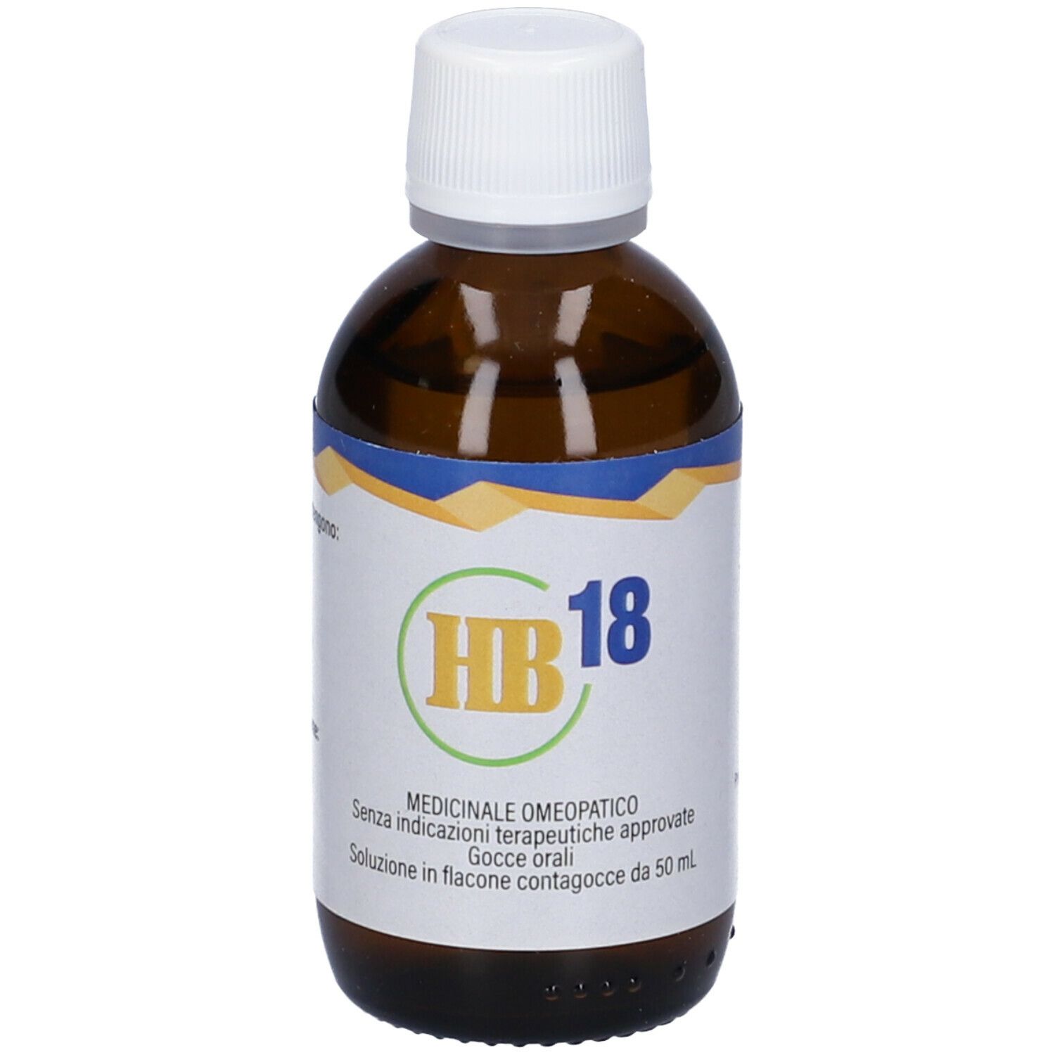 Flacone di vetro marrone con tappo bianco. Etichetta con logo HB18 e testo in italiano.