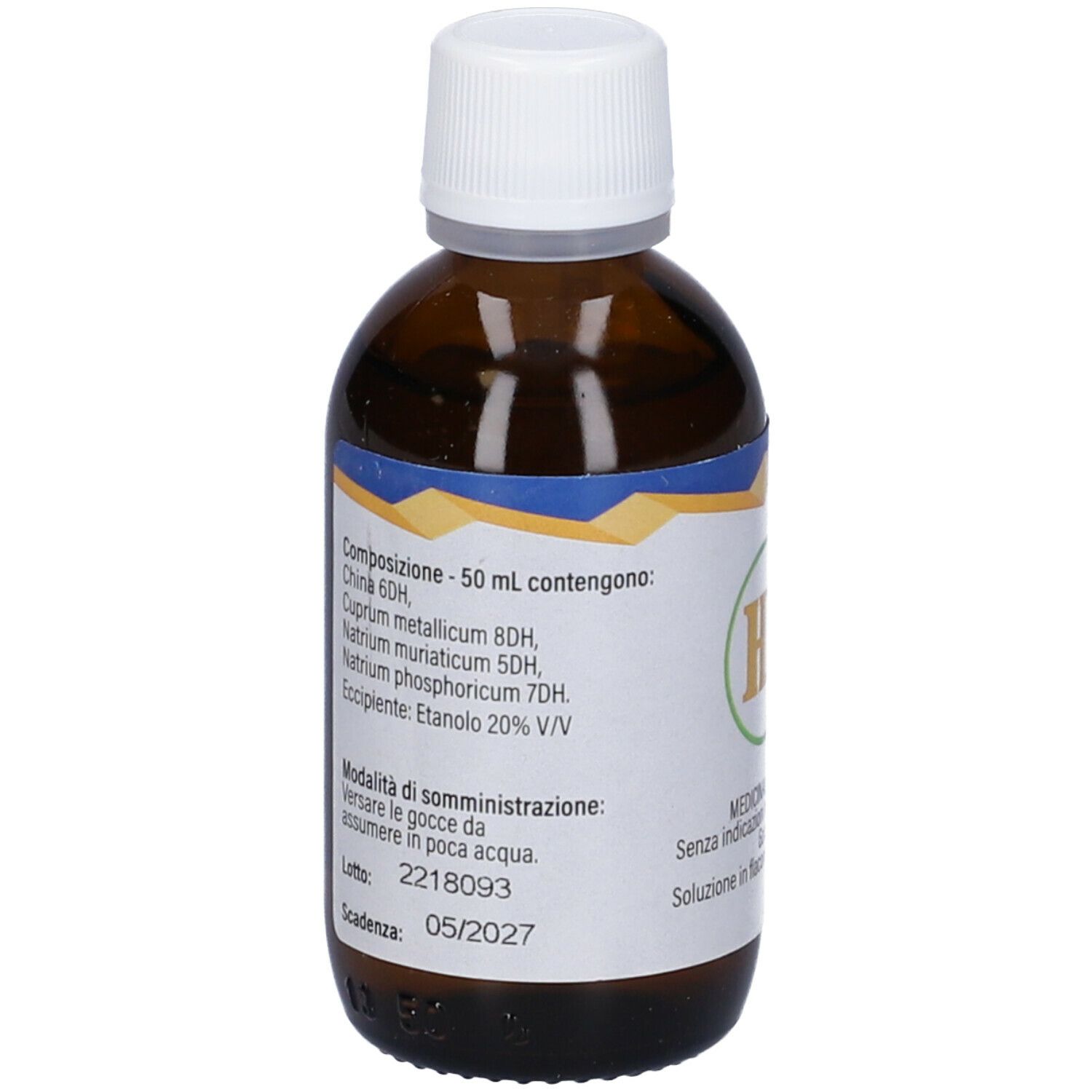 Flacone di vetro marrone con tappo bianco. Etichetta con ingredienti e testo in italiano.