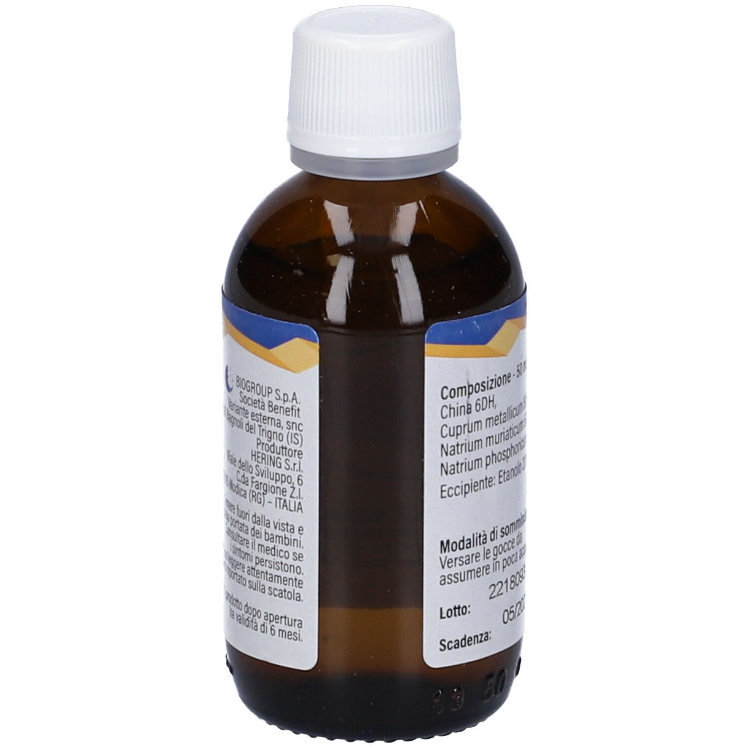 Flacone di vetro marrone con tappo bianco. Etichetta con informazioni del produttore e testo in italiano.