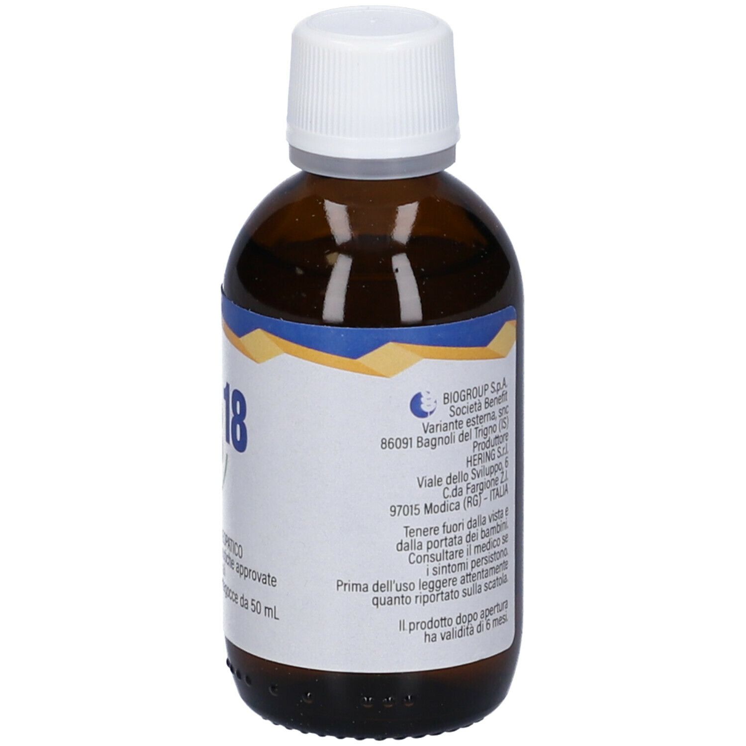 Flacone di vetro marrone con tappo bianco. Etichetta con informazioni del produttore e testo in italiano.