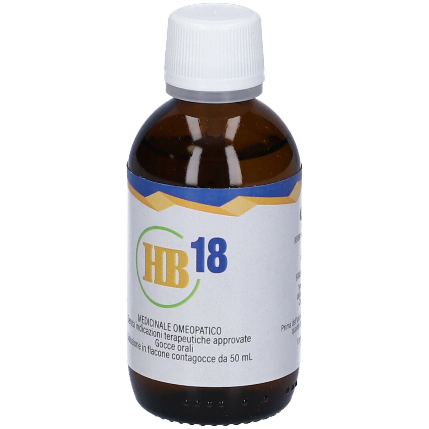 Flacone di vetro marrone con tappo bianco. Etichetta con logo HB18 e testo in italiano.