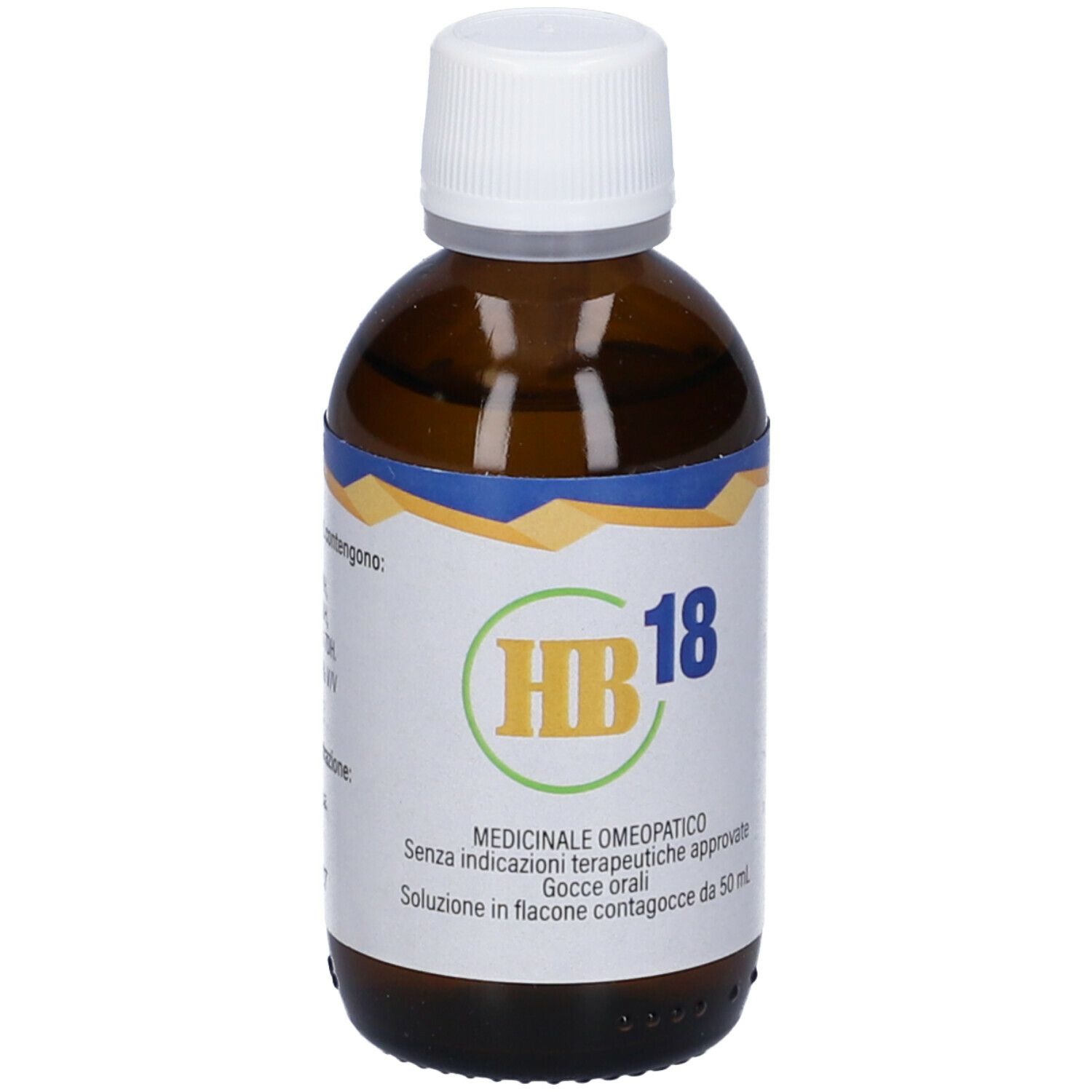Flacone di vetro marrone con tappo bianco. Etichetta con logo HB18 e testo in italiano.