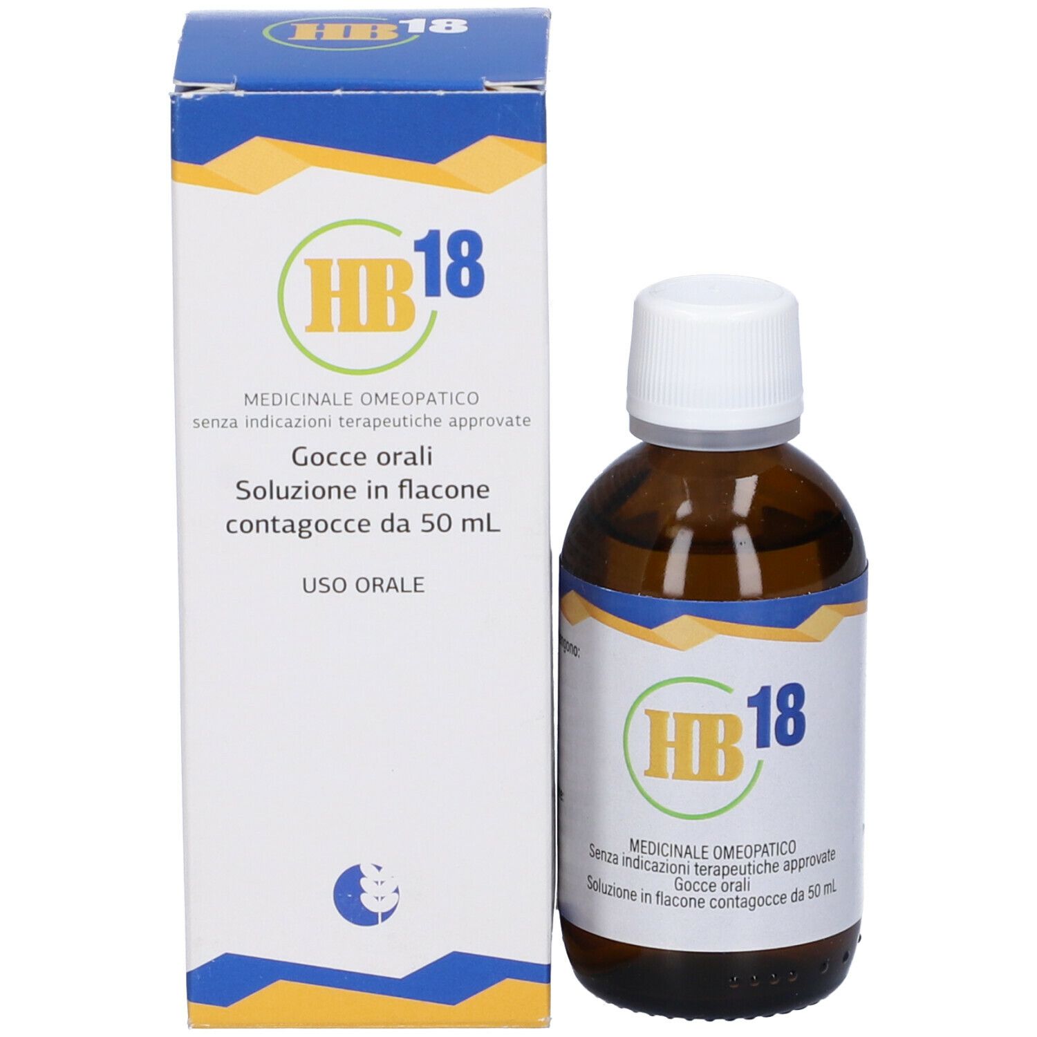 Flacone di vetro marrone con tappo bianco e scatola. Etichetta e scatola con logo HB18 e testo in italiano.