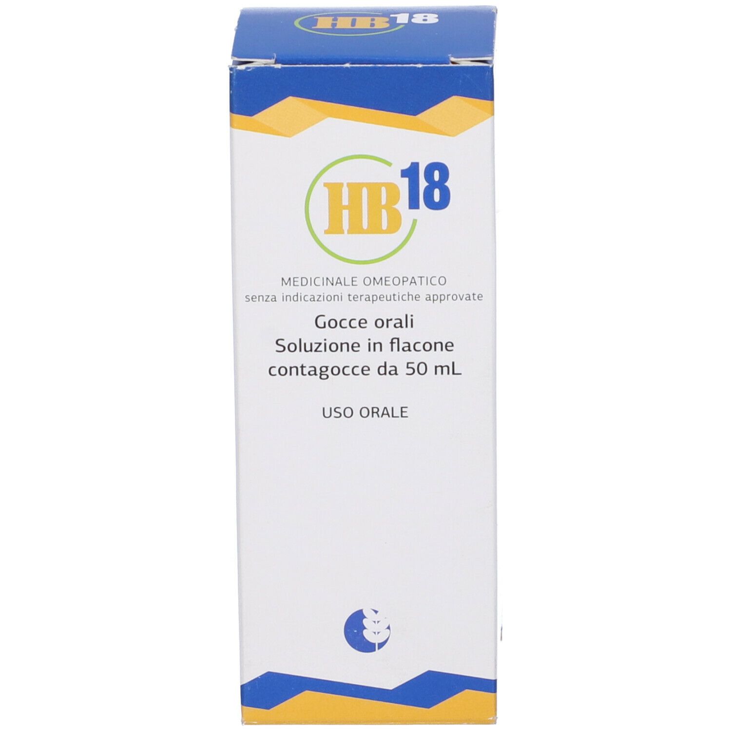 Scatola bianca con dettagli blu e gialli. Scritto: HB18, gocce, 50 ml. Testo in italiano.