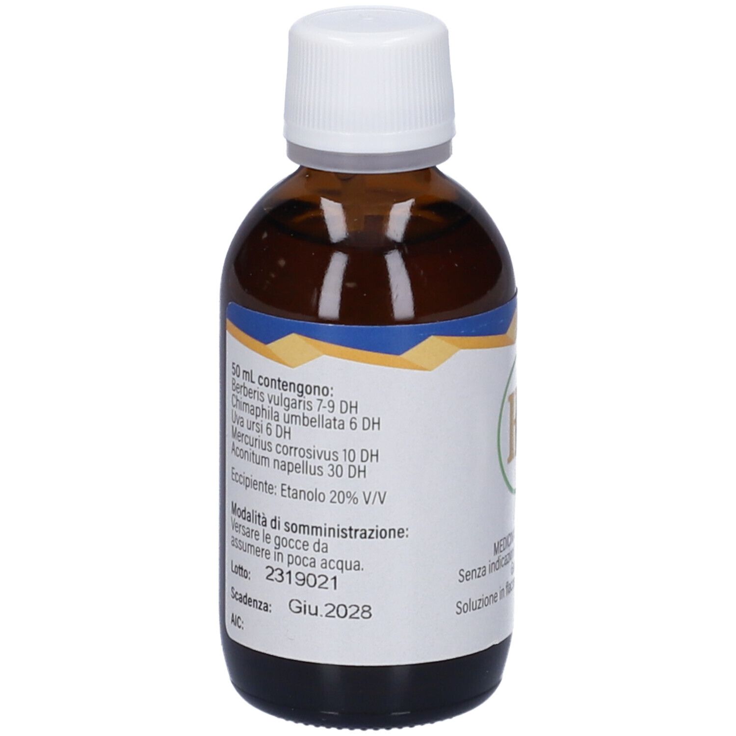 Flacone di vetro marrone con tappo bianco. Scritta: HB 30, Gocce orali, Flacone da 50 ml.