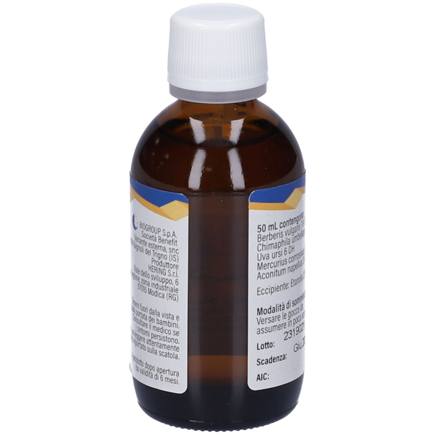 Flacone di vetro marrone con tappo bianco. Scritta: HB 30, Gocce orali, Flacone da 50 ml.