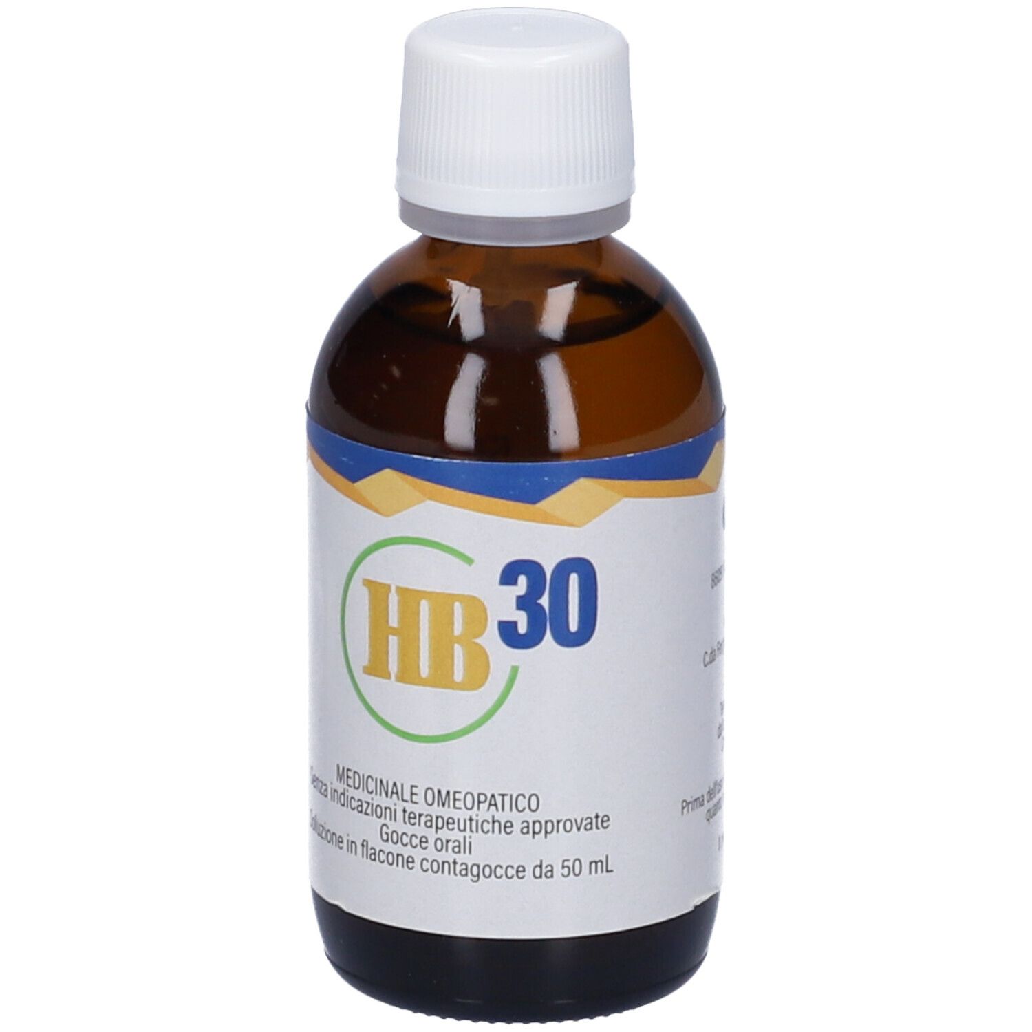 Flacone di vetro marrone con tappo bianco. Scritta: HB 30, Gocce orali, Flacone da 50 ml.