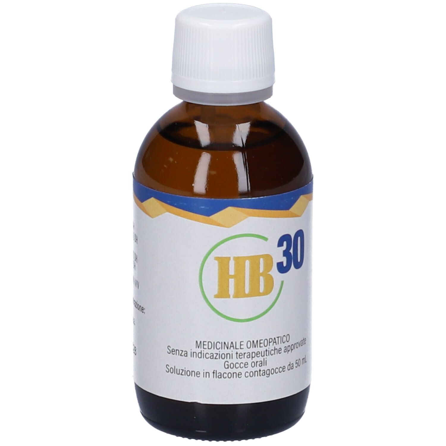 Flacone di vetro marrone con tappo bianco. Scritta: HB 30, Gocce orali, Flacone da 50 ml.