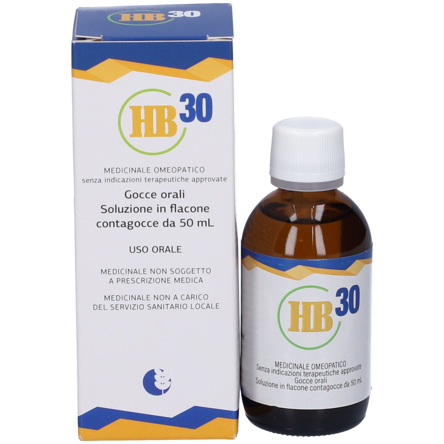 Confezione e flacone. Scritta: HB 30, Gocce orali, Flacone da 50 ml, Uso orale.