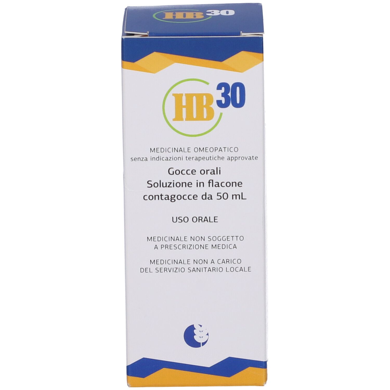 Confezione del prodotto. Scritta: HB 30, Gocce orali, Flacone da 50 ml, Uso orale.