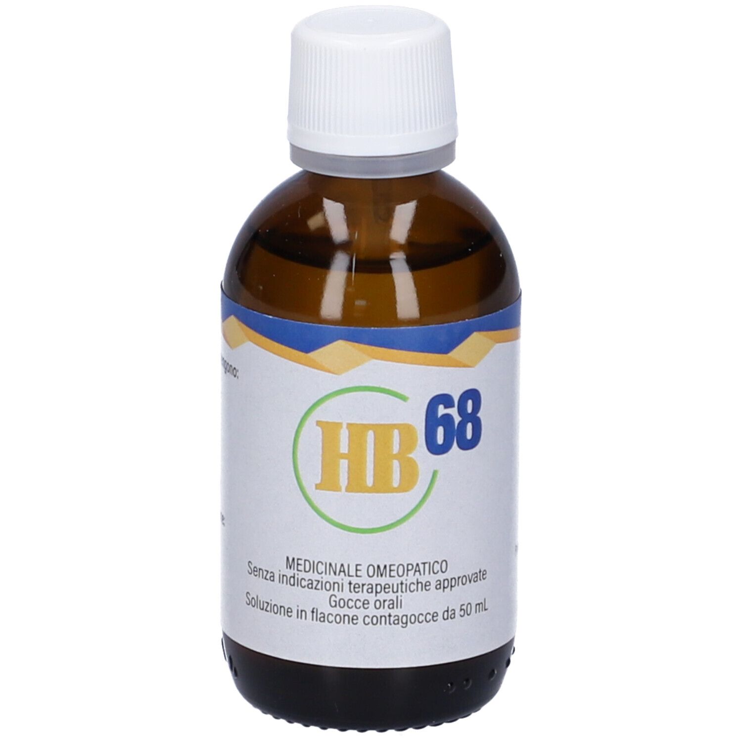 Flacone di vetro marrone con tappo bianco. Etichetta con logo HB 68 e informazioni. Gocce.