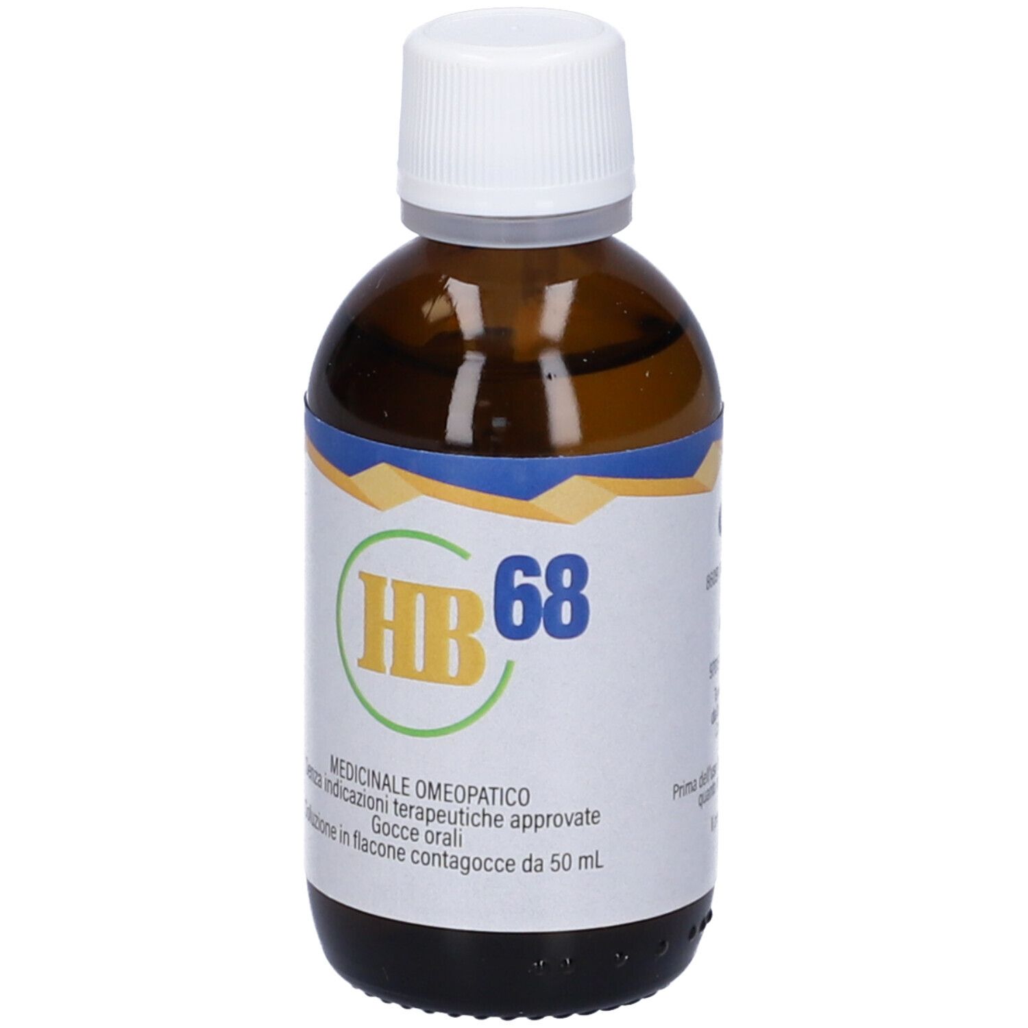 Flacone di vetro marrone con tappo bianco. Etichetta con logo HB 68 e informazioni. Gocce.