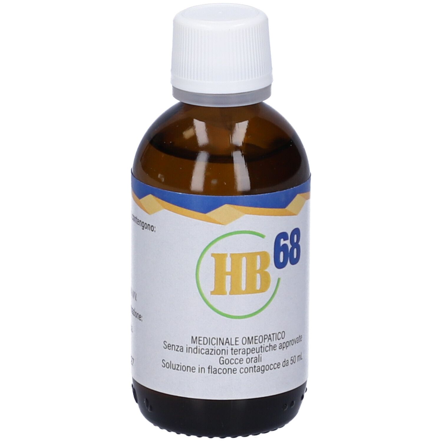 Flacone di vetro marrone con tappo bianco. Etichetta con logo HB 68 e informazioni. Gocce.