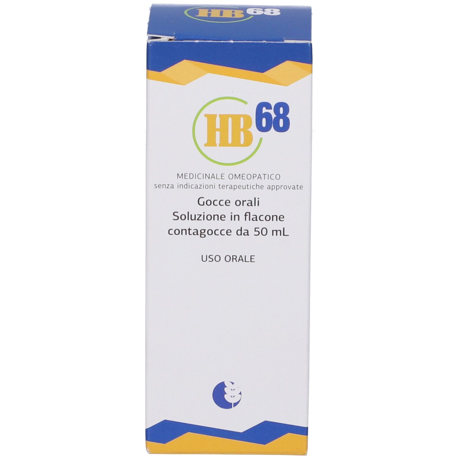 Confezione di HB 68. Scatola bianca con informazioni e logo. Gocce.