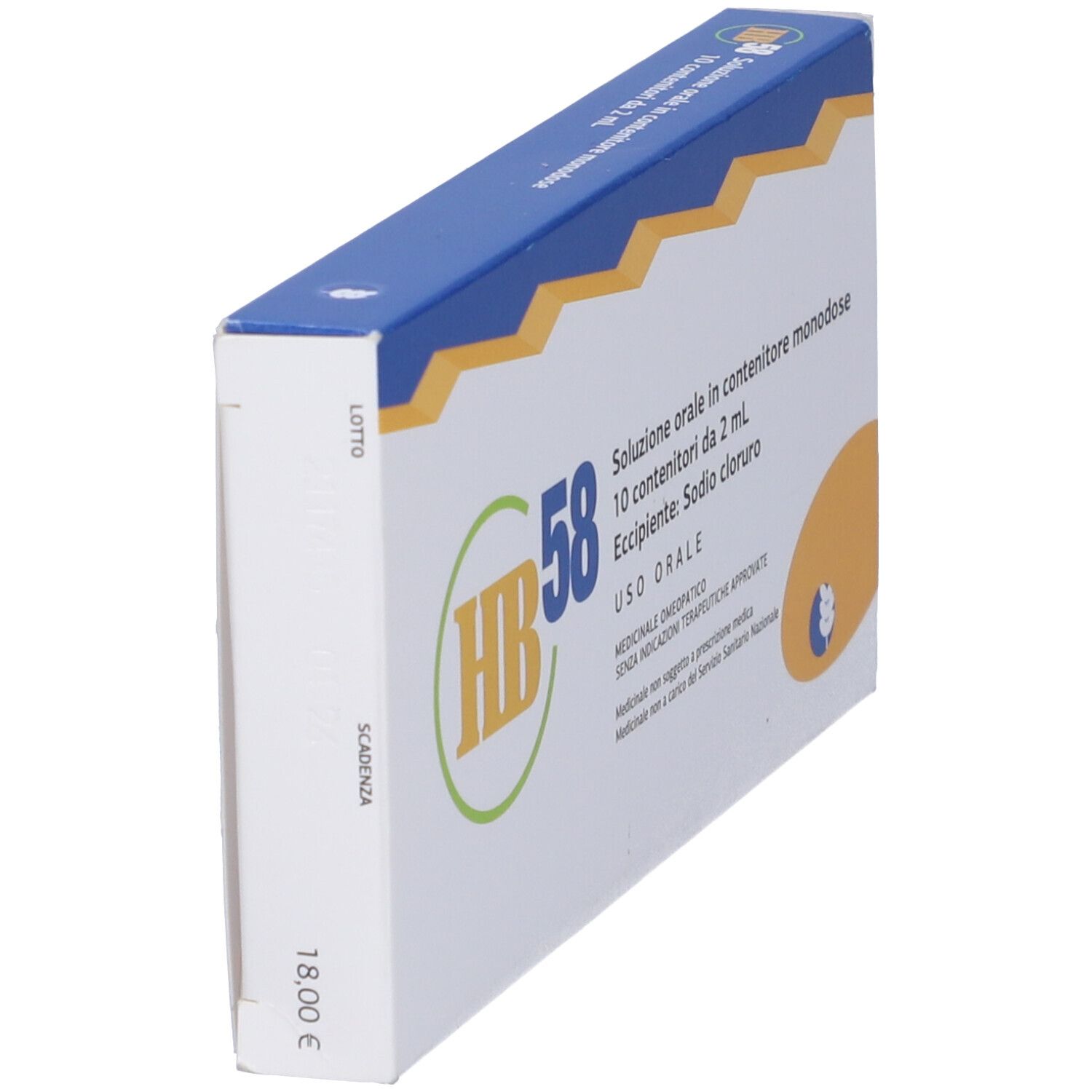 Scatola HB 58. Contiene 10 contenitori monodose. Vista laterale con prezzo e lotto.