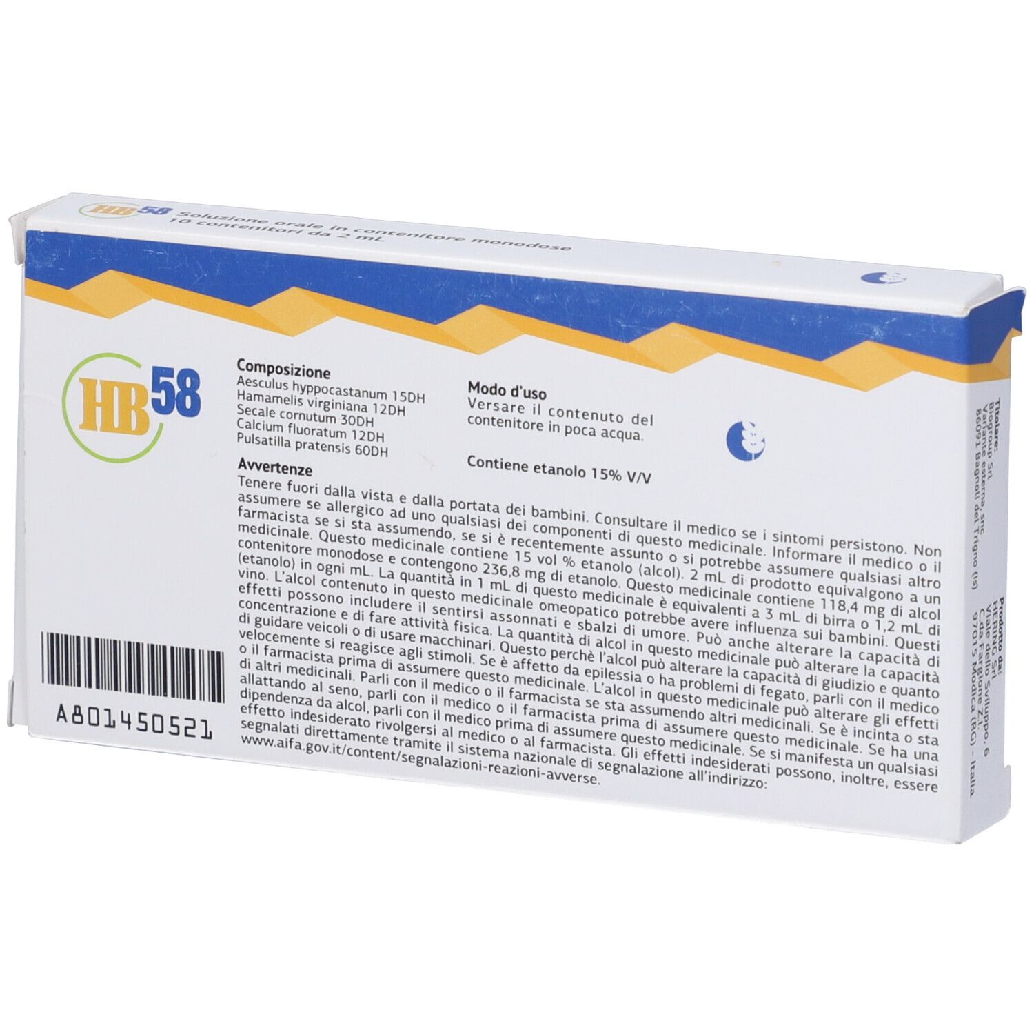 Retro della scatola HB 58. Contiene informazioni su ingredienti e uso. Testo in italiano.