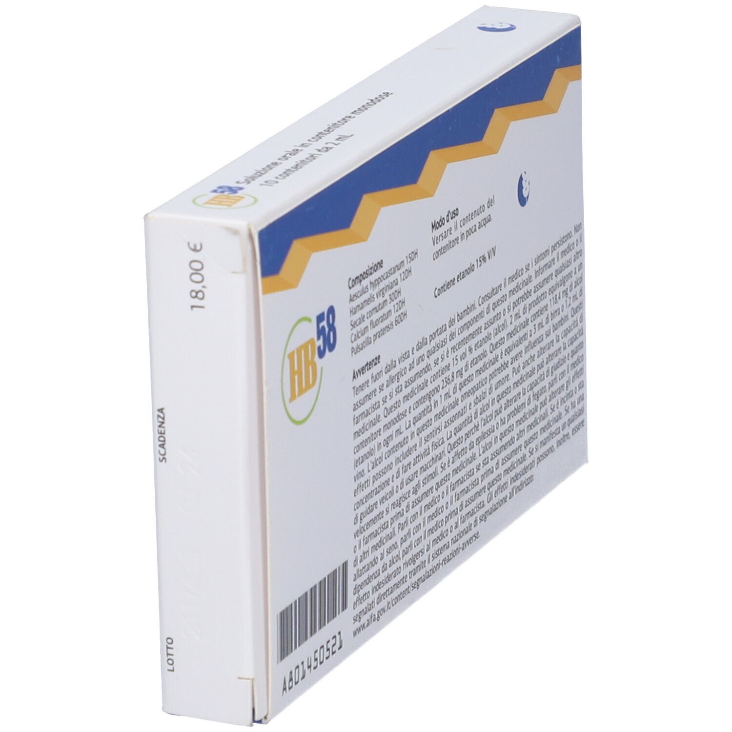 Vista laterale della scatola HB 58. Contiene informazioni su ingredienti e uso. Testo in italiano.