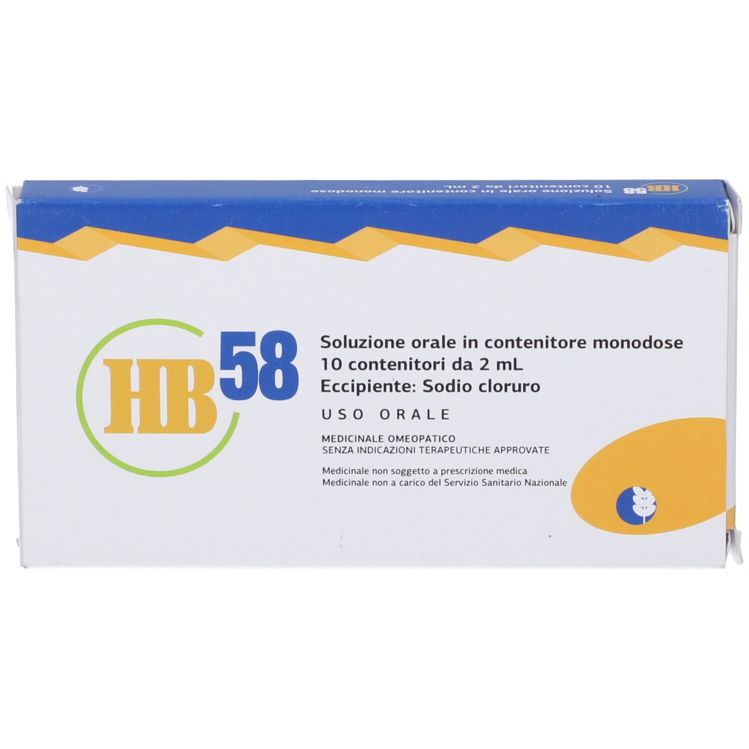 Scatola con logo HB 58. Contiene 10 contenitori monodose da 2 ml. Istruzioni in italiano.