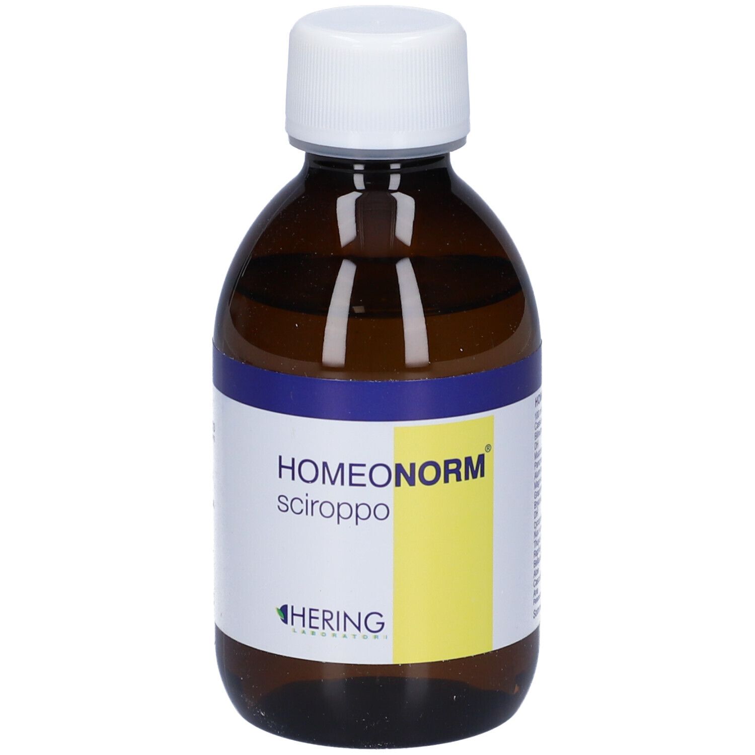 Flacone di vetro marrone con tappo bianco. Scritta: HOMEONORM sciroppo. Etichetta gialla. Logo HERING.