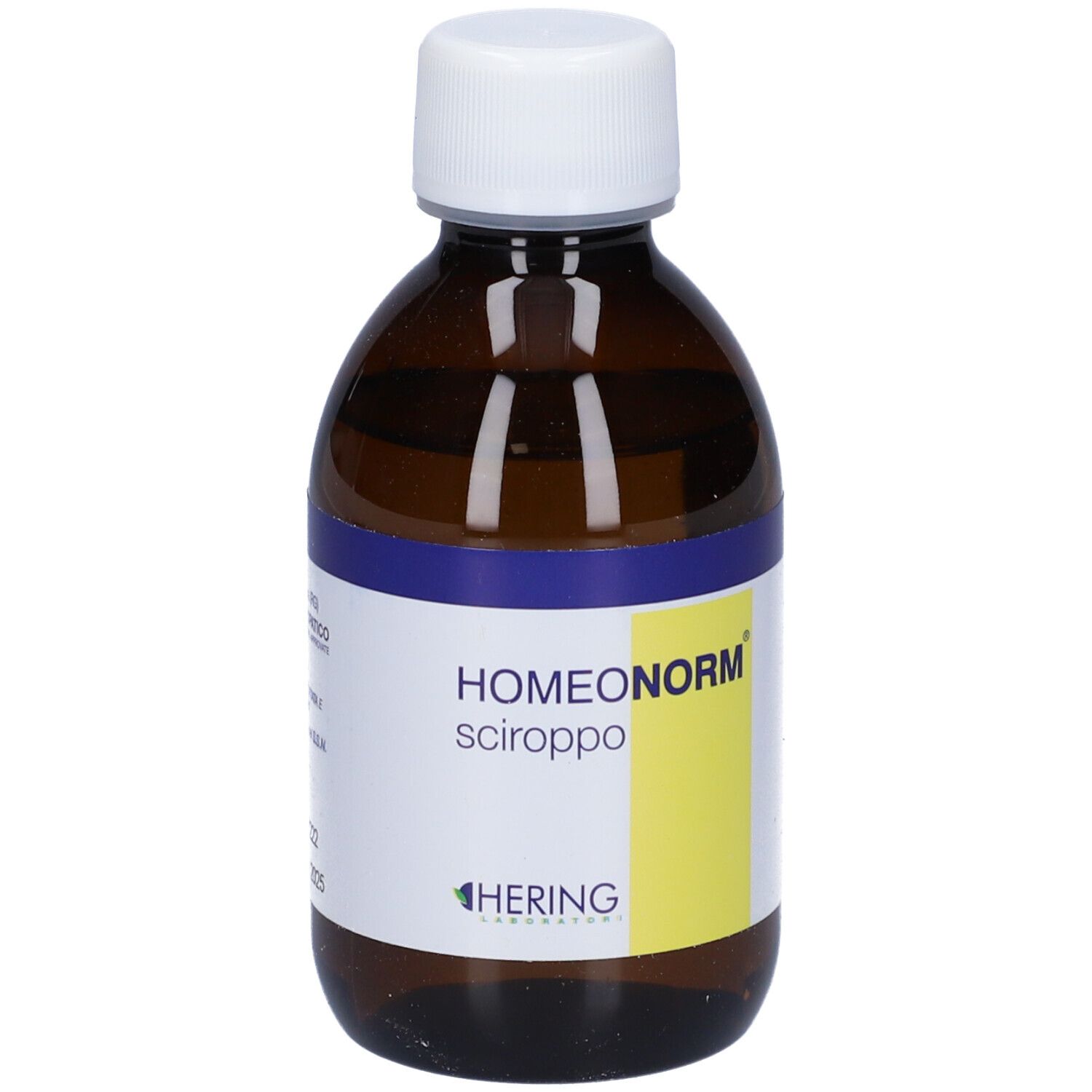 Flacone di vetro marrone con tappo bianco. Scritta: HOMEONORM sciroppo. Etichetta gialla. Logo HERING.