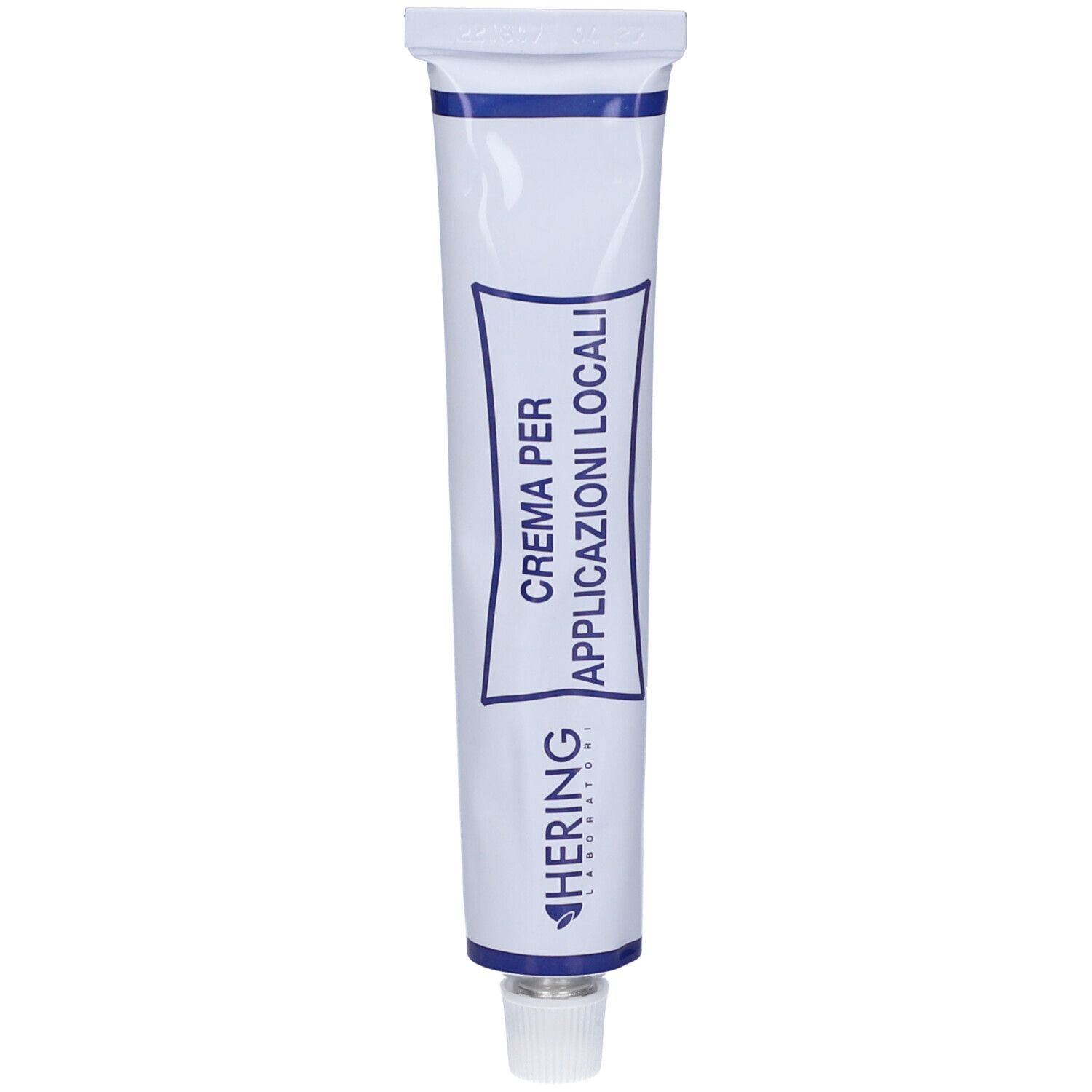 Tubo bianco con testo blu. Testo: Crema per Applicazioni Locali. Logo HERING s.r.l.