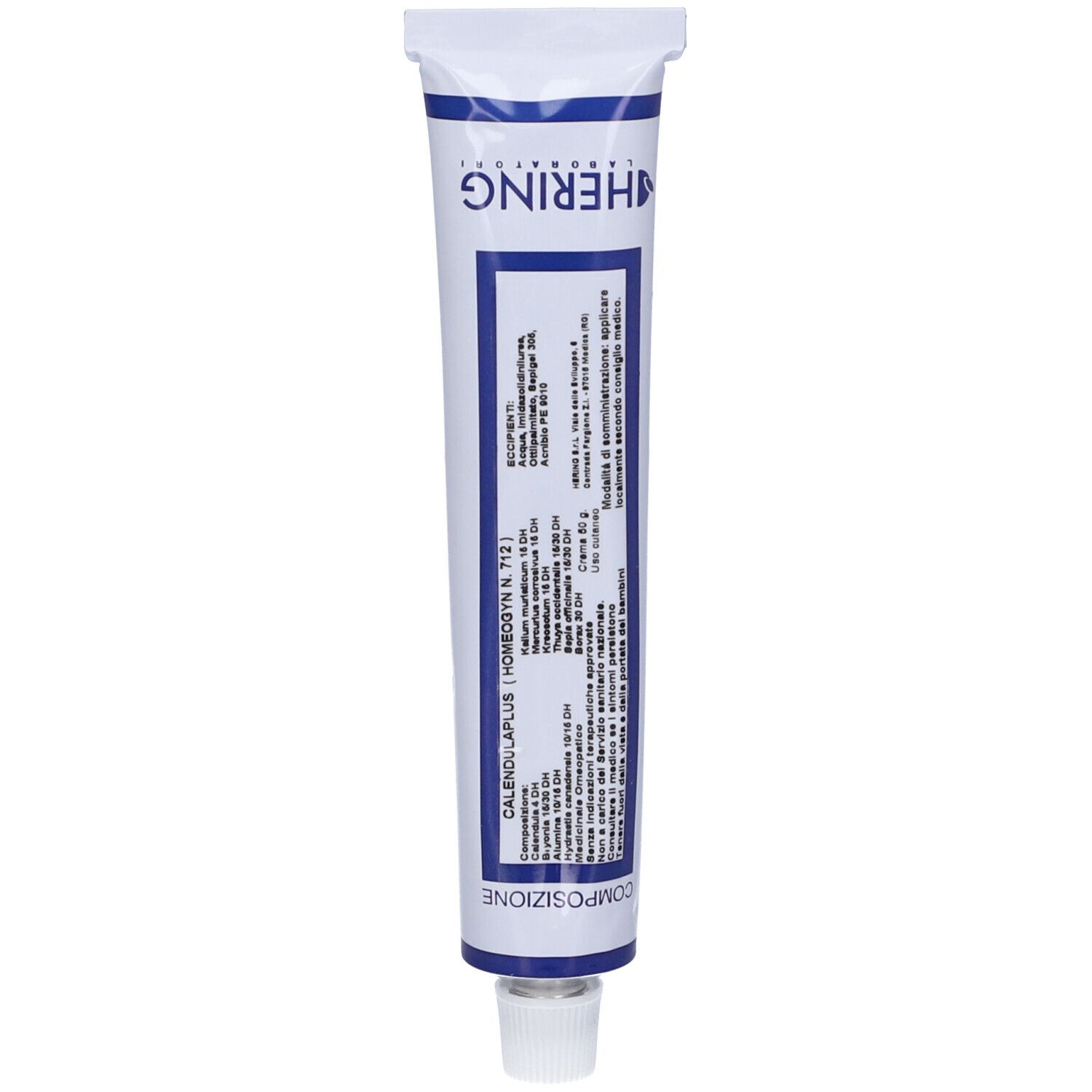 Tubo bianco con testo blu. Testo: CalendulaPlus Homeogyn n. 712. Composizione. Logo HERING.