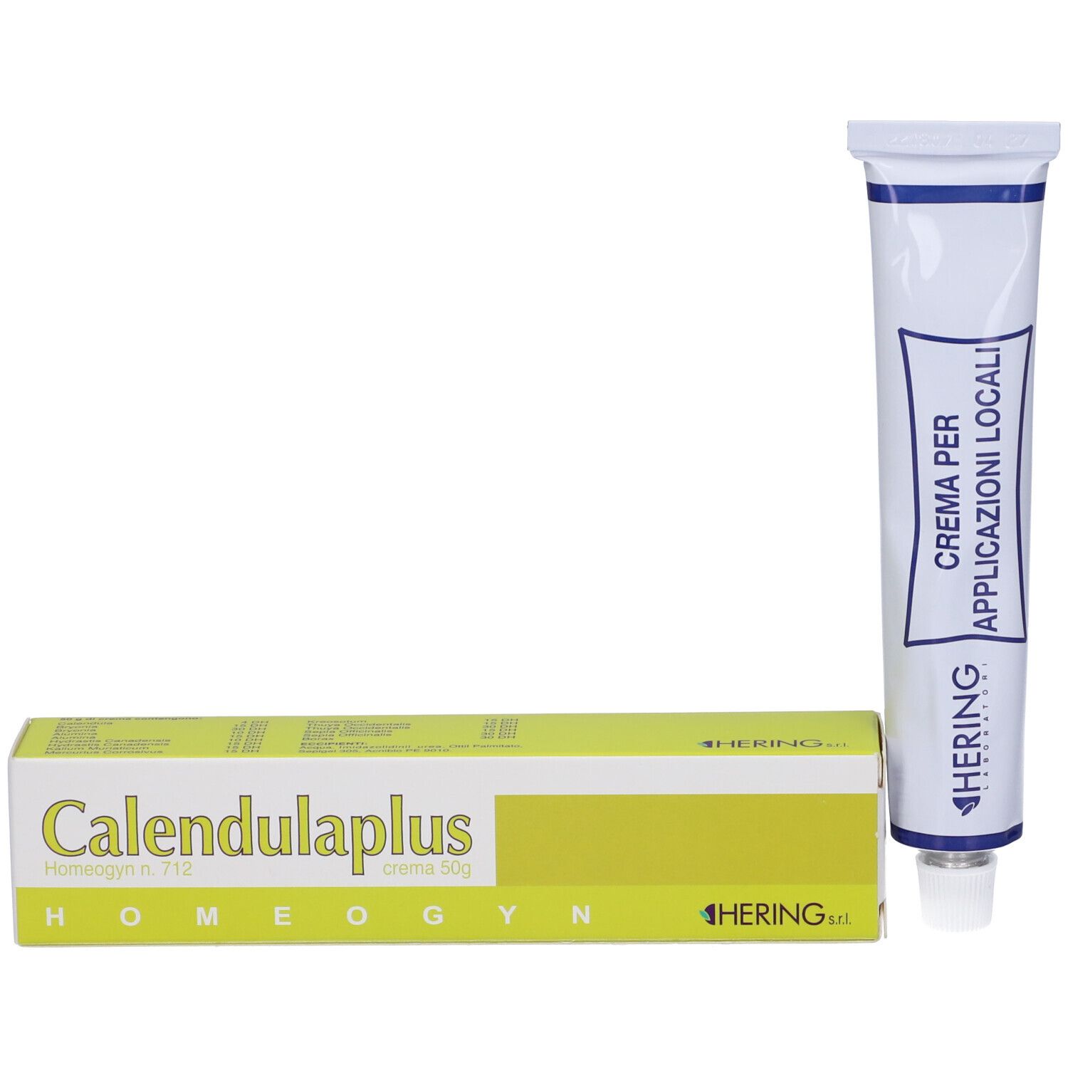 Scatola e tubo. Scatola: Calendulaplus, Homeogyn, HERING s.r.l. Tubo: Crema per Applicazioni Locali.