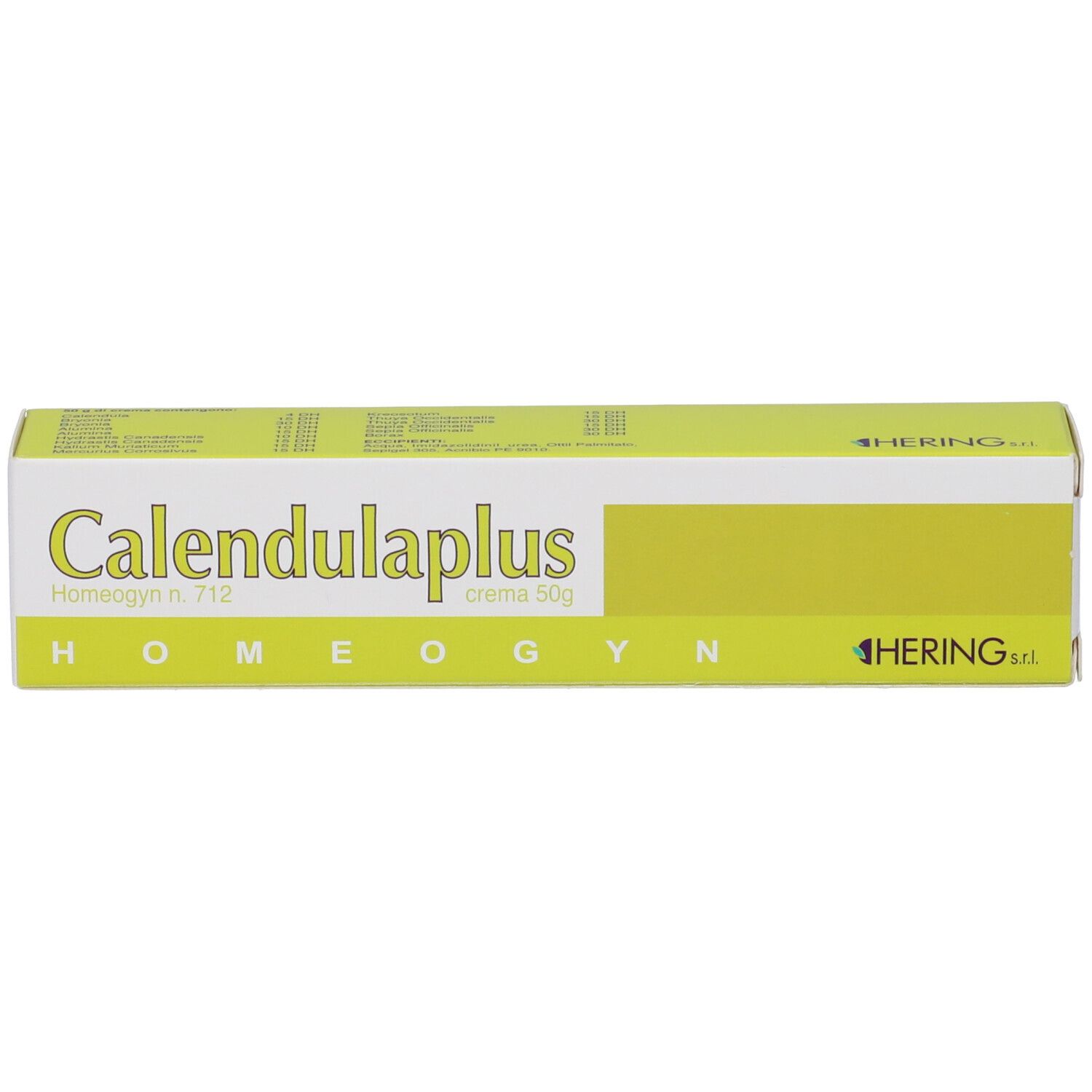 Scatola gialla con scritta Calendulaplus, Homeogyn, HERING s.r.l. Crema 50g.