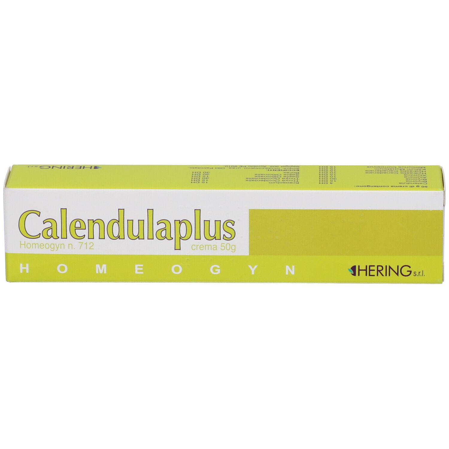 Scatola gialla con scritta Calendulaplus, Homeogyn, HERING s.r.l. Crema 50g.