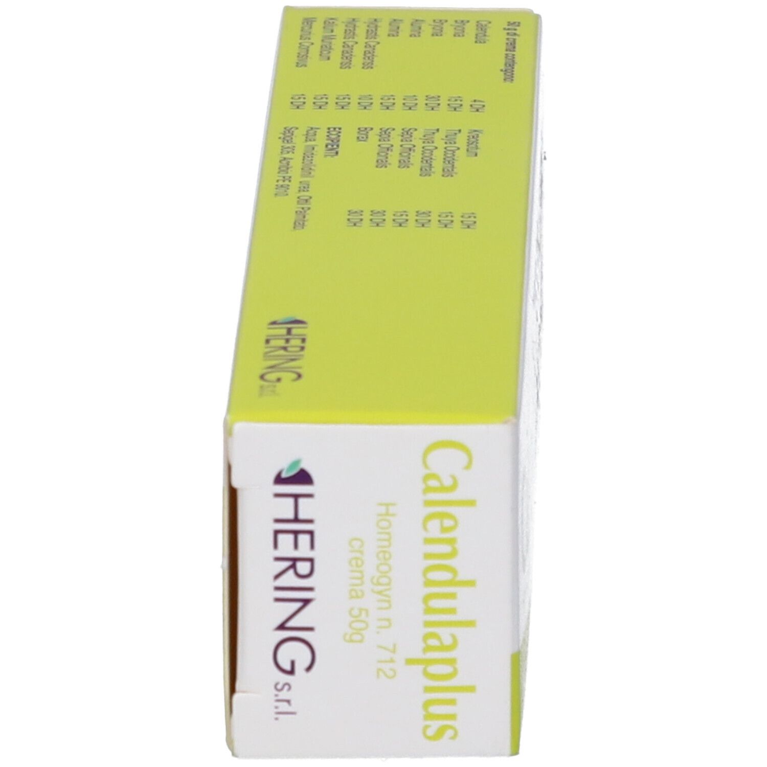 Vista laterale della scatola. Testo: Calendulaplus, Homeogyn, HERING s.r.l. Crema 50g.