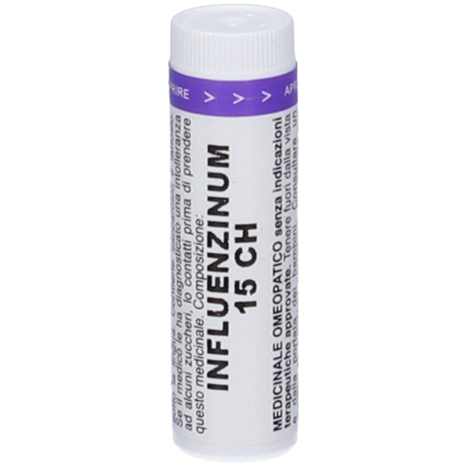 Flacone cilindrico bianco con fascia viola. Scritta: INFLUENZINUM 15 CH. Indicazioni mediche.
