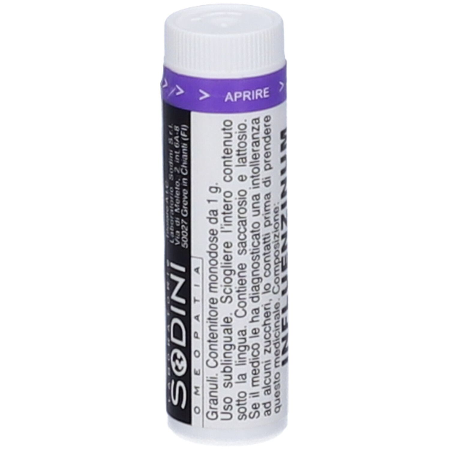 Flacone cilindrico bianco con fascia viola. Scritta: SODINI. Granuli. Contiene saccarosio e lattosio.