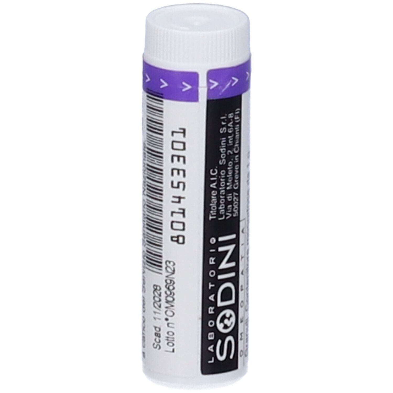 Flacone cilindrico bianco con fascia viola. Scritta: SODINI. Codice a barre e numero di lotto. Scadenza.