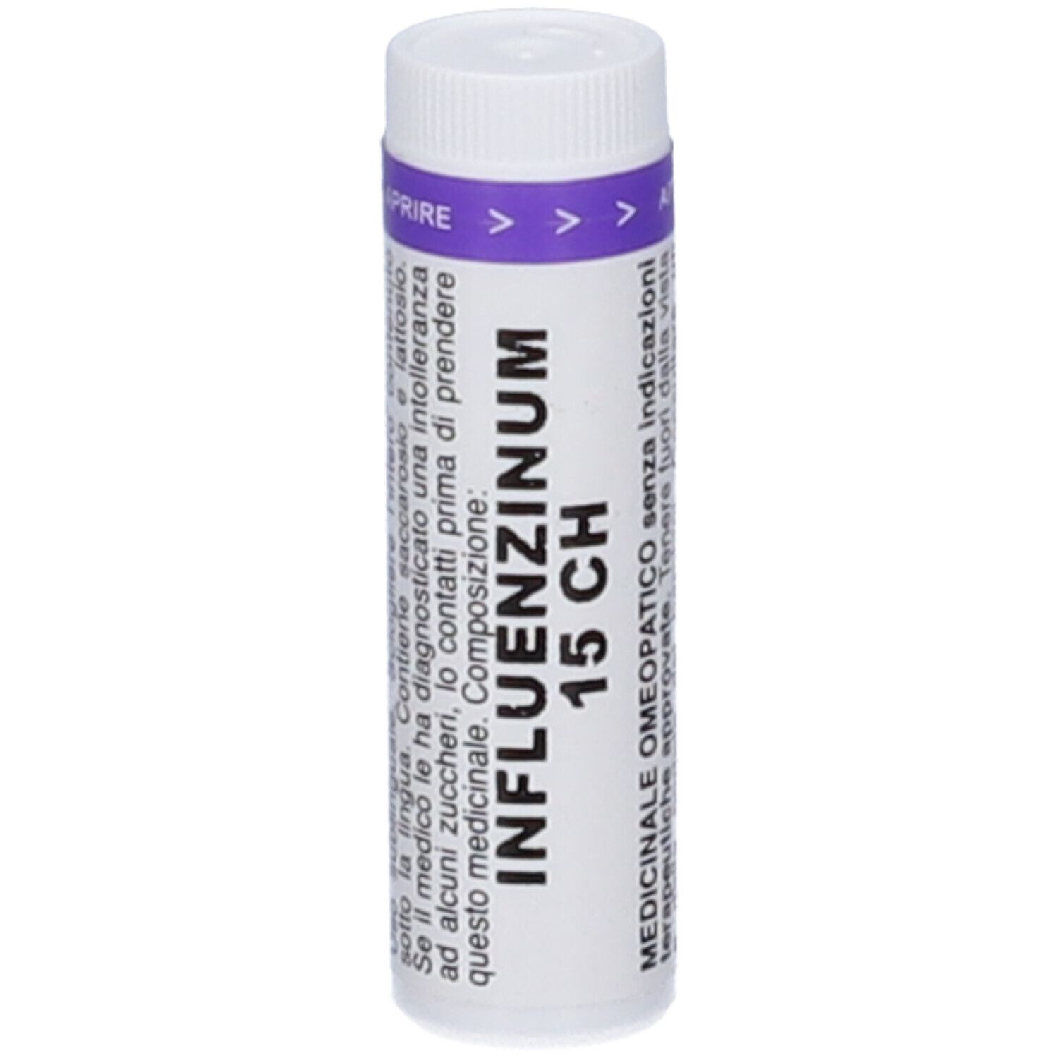 Flacone cilindrico bianco con fascia viola. Scritta: INFLUENZINUM 15 CH. Indicazioni mediche.