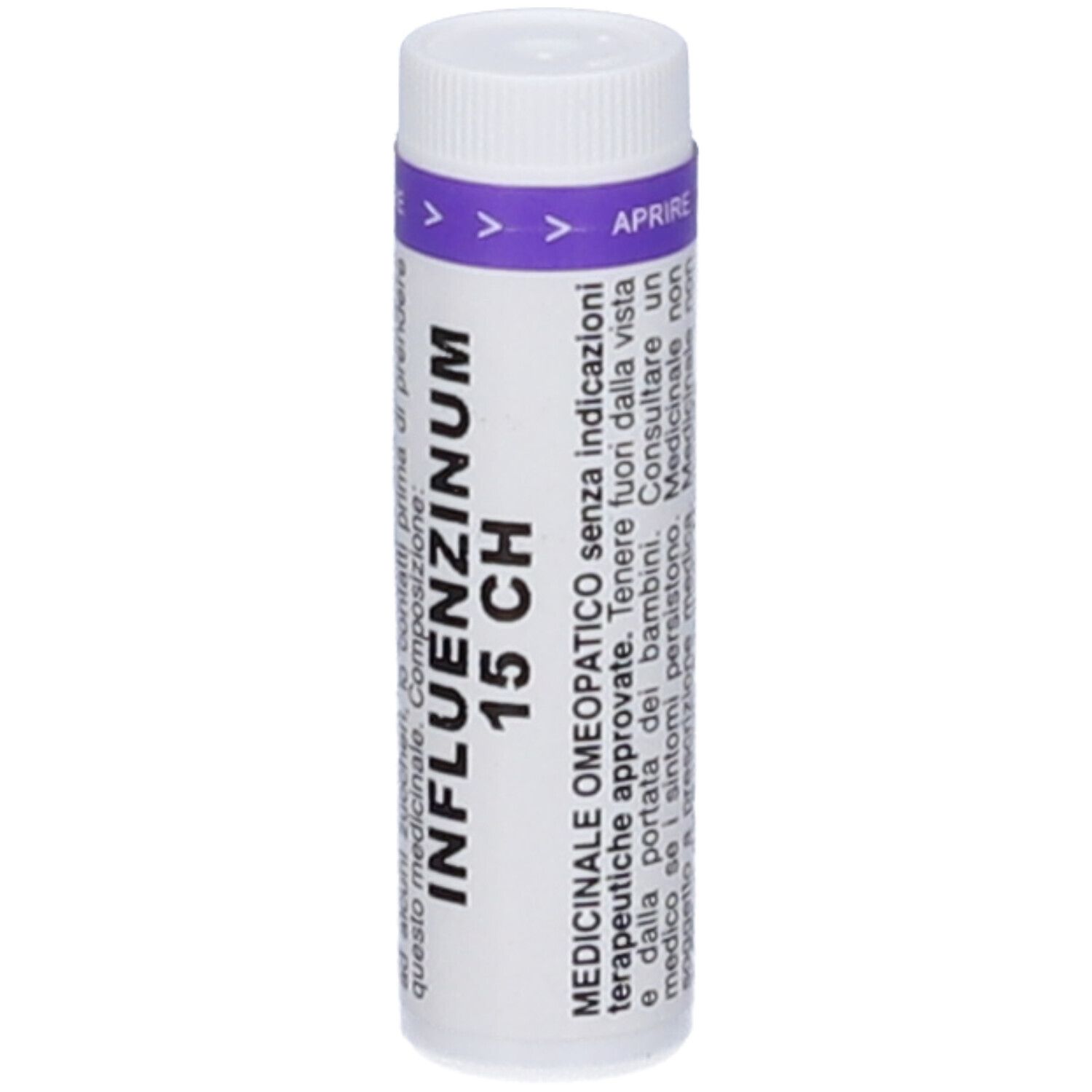 Flacone cilindrico bianco con fascia viola. Scritta: INFLUENZINUM 15 CH. Indicazioni mediche.