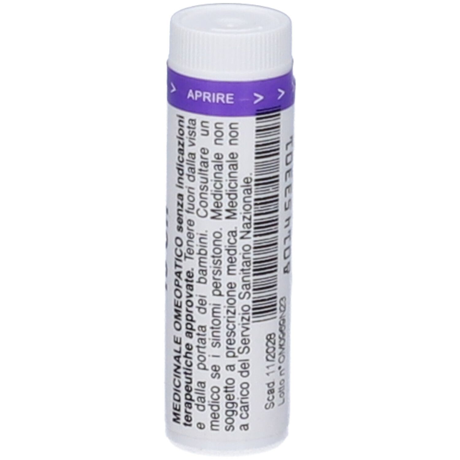 Flacone cilindrico bianco con fascia viola. Scritta: Indicazioni mediche. Codice a barre e numero di lotto.