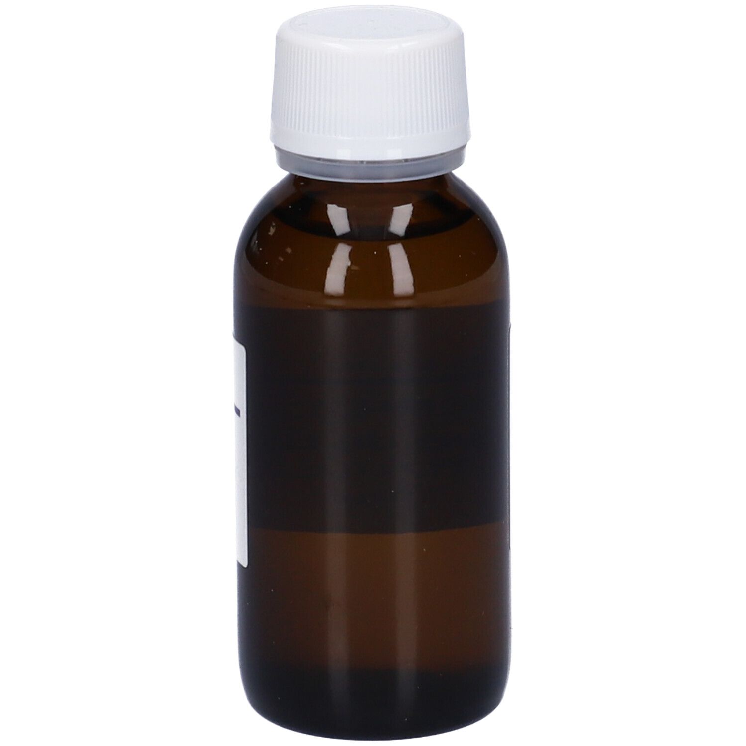 Flacone di vetro marrone con tappo bianco. Etichetta parzialmente visibile. Liquido all'interno.