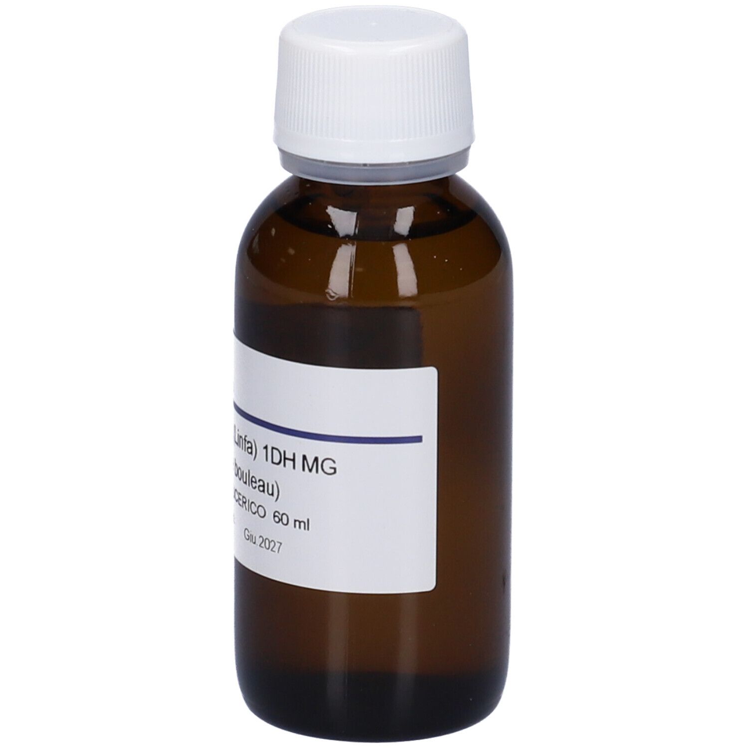 Flacone di vetro marrone con tappo bianco ed etichetta. Scritta: Betula Verr. (Linfa) 1DH MG, Macerato Glicerico 60 ml.