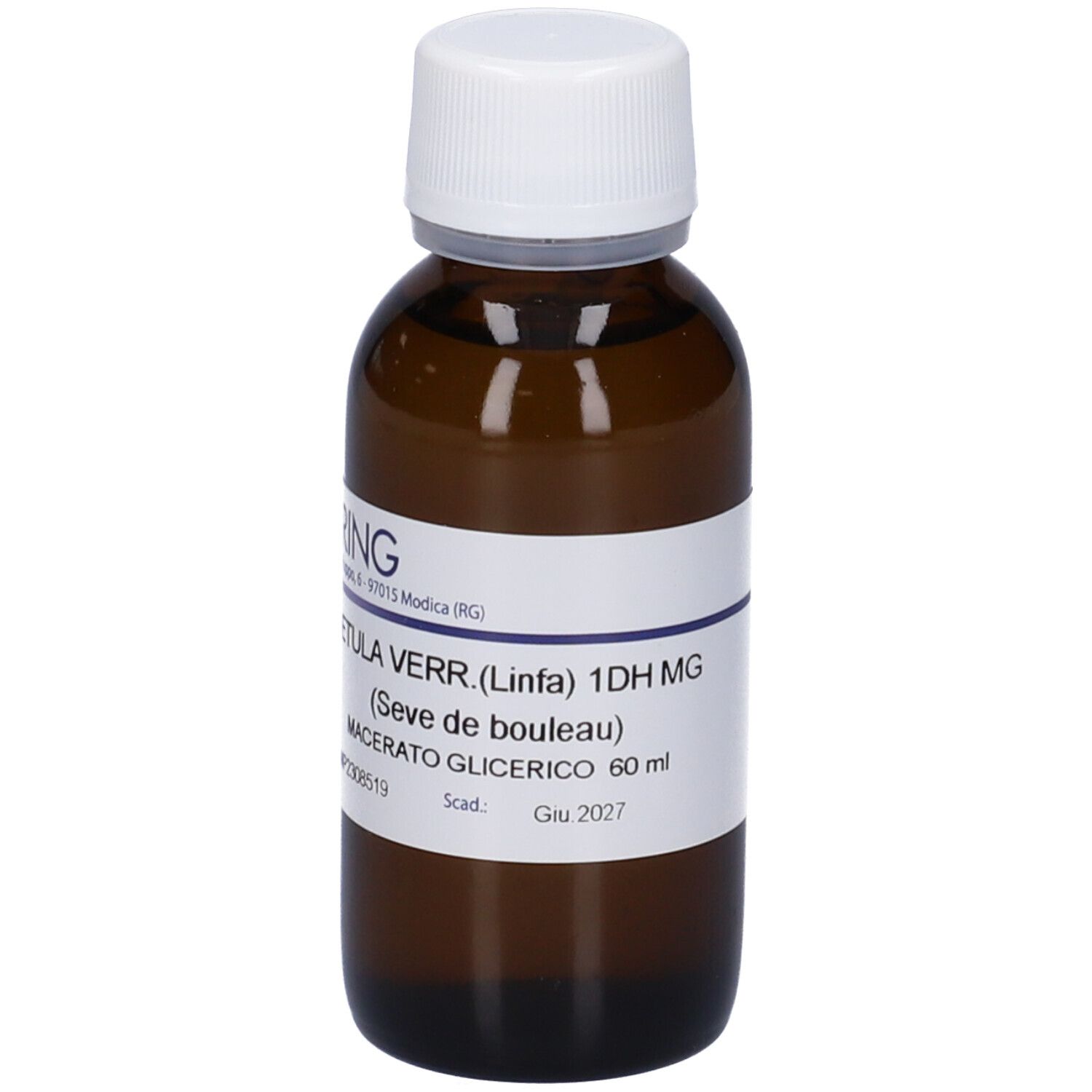 Flacone di vetro marrone con tappo bianco ed etichetta. Scritta: Betula Verr. (Linfa) 1DH MG, Macerato Glicerico 60 ml.