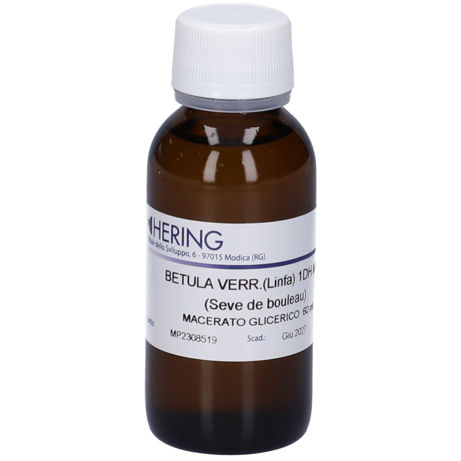 Flacone di vetro marrone con tappo bianco ed etichetta. Scritta: Betula Verr. (Linfa) 1DH MG, Macerato Glicerico 60 ml.