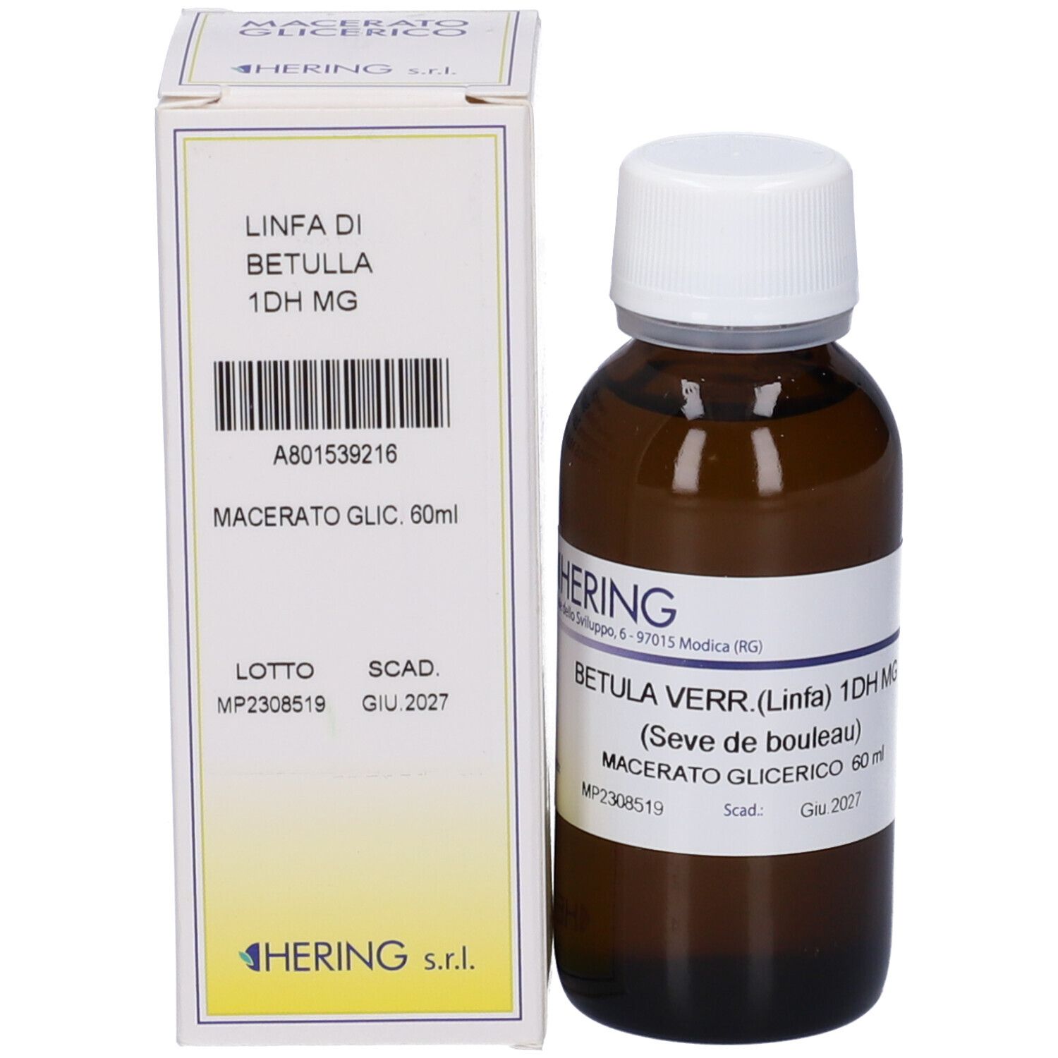 Flacone e confezione. Flacone: vetro marrone, tappo bianco, etichetta. Confezione: bianca, testo.