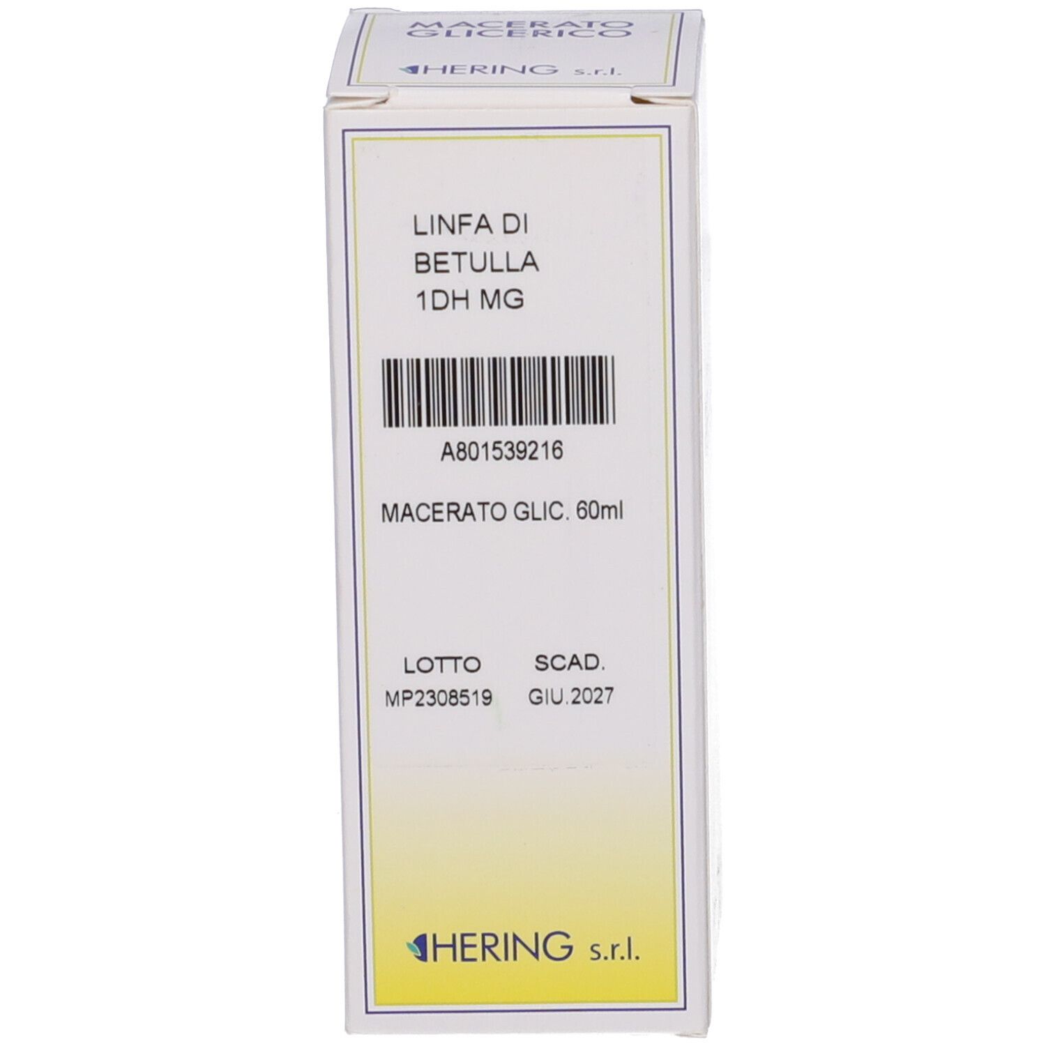 Confezione bianca con testo e codice a barre. Scritta: Linfa di Betulla 1DH MG, Macerato Glic. 60ml.