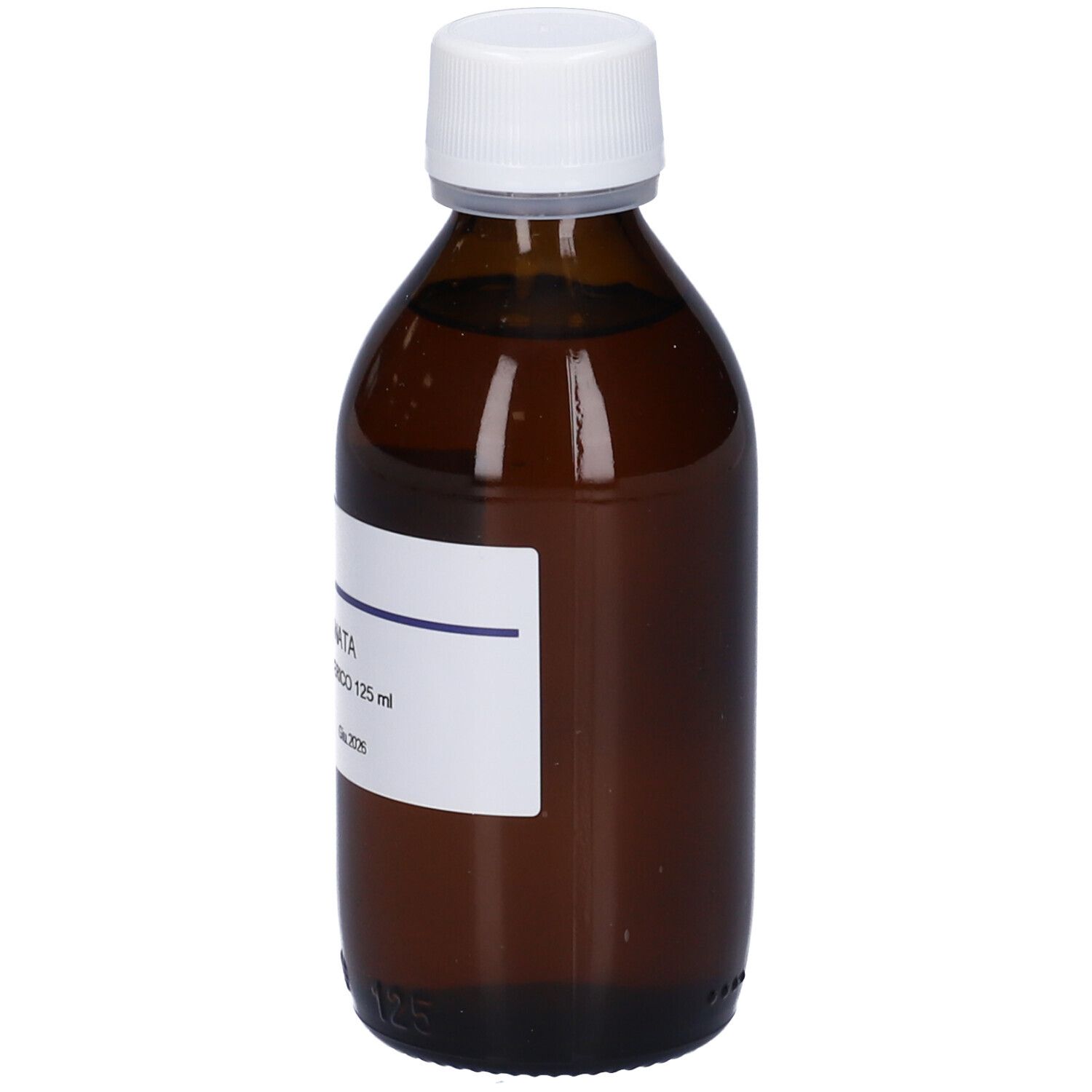 Flacone di vetro marrone con tappo bianco. Etichetta con nome del prodotto e informazioni. Logo HERING.