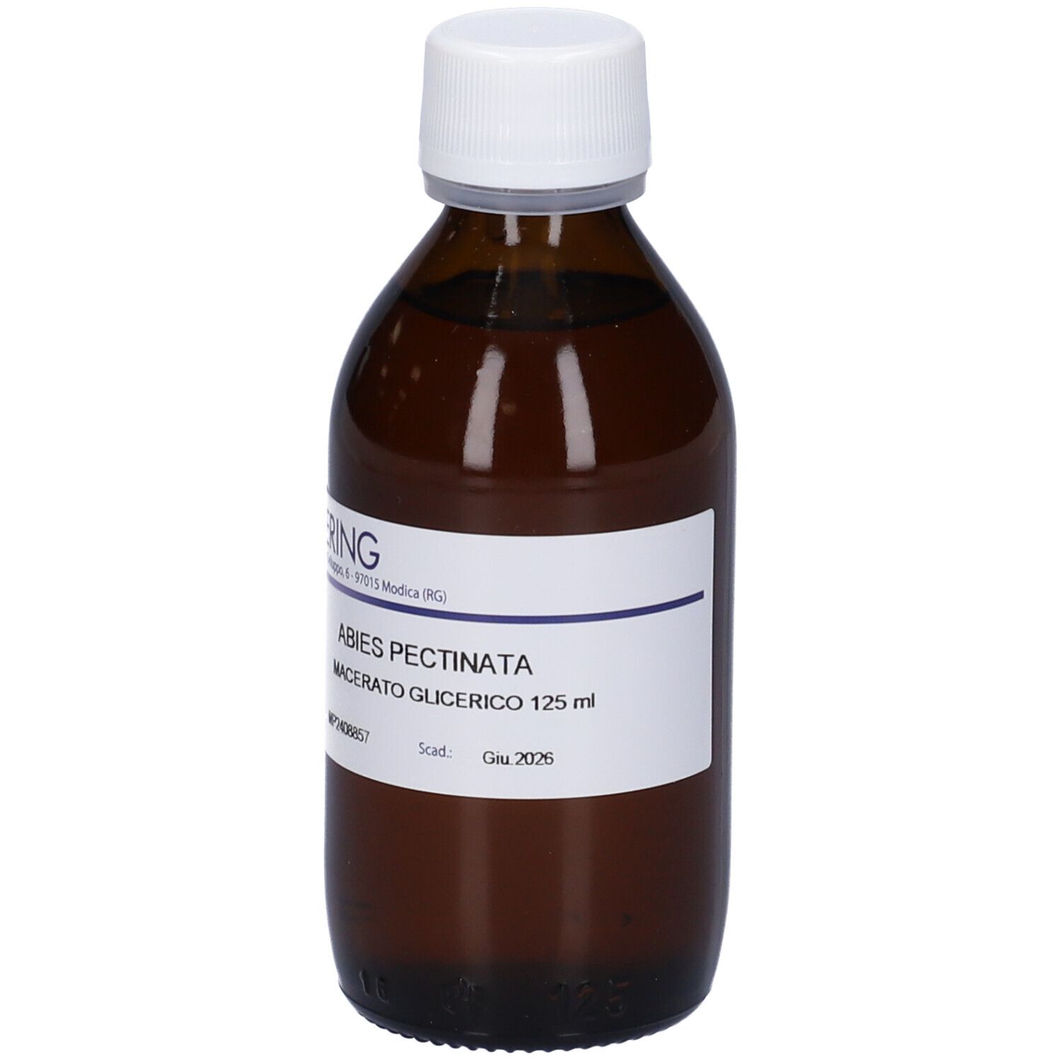 Flacone di vetro marrone con tappo bianco. Etichetta con nome del prodotto e informazioni. Logo HERING.