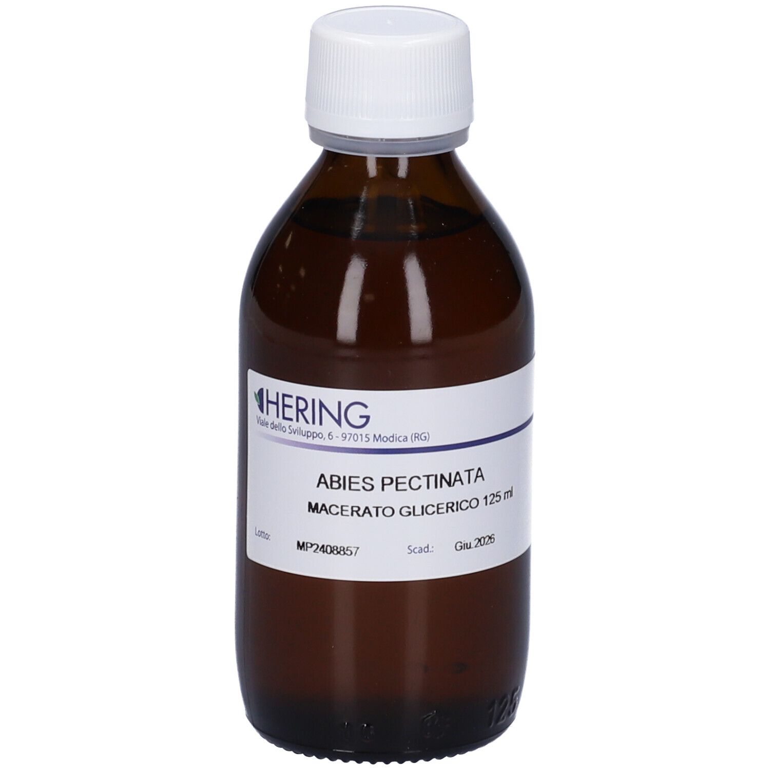 Flacone di vetro marrone con tappo bianco. Etichetta con nome del prodotto e informazioni. Logo HERING.