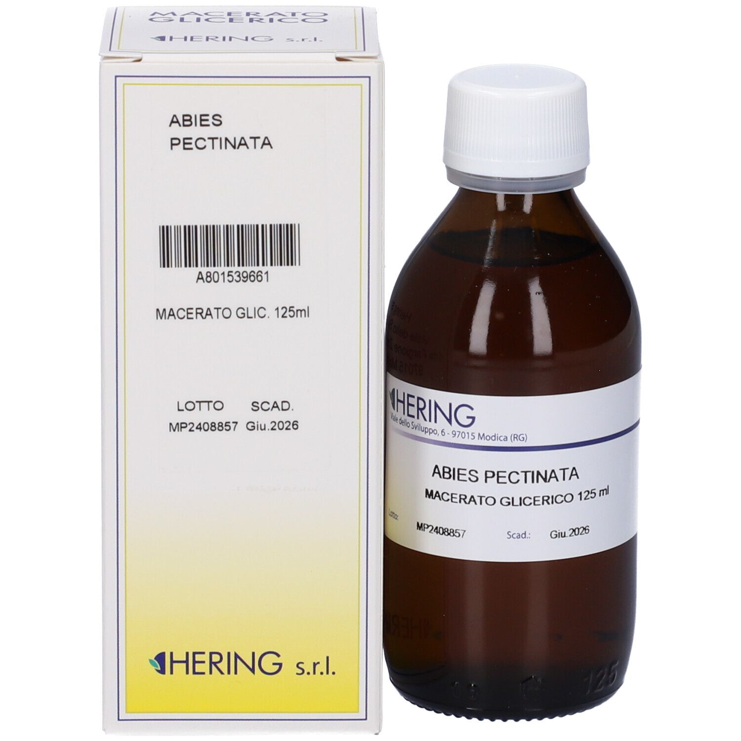 Flacone e confezione. Flacone marrone, tappo bianco. Confezione con nome del prodotto e logo HERING.