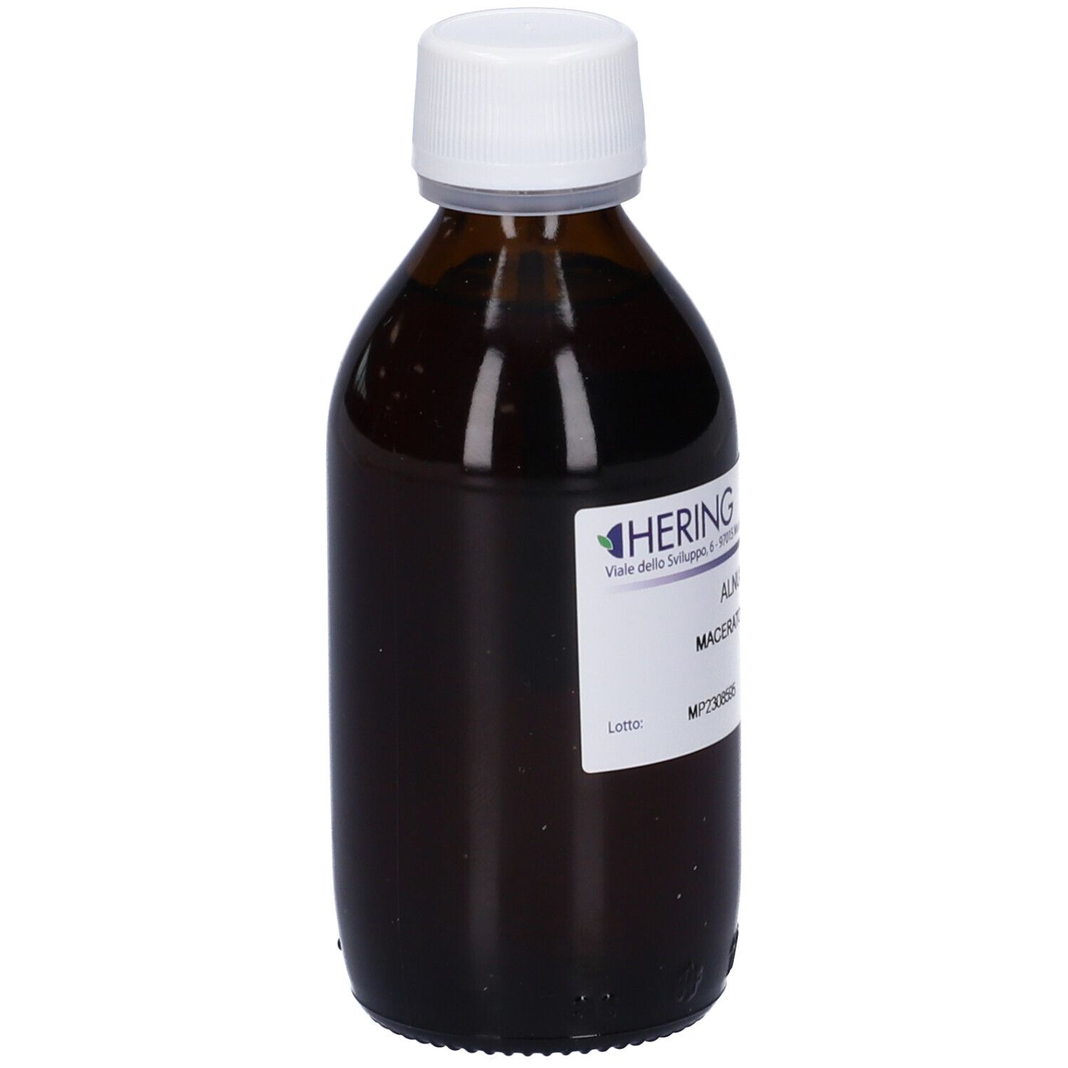 Flacone di vetro marrone con tappo bianco ed etichetta. Scritta: ALNUS INCANA Macerato Glicerico 125 ml. Marchio HERING.