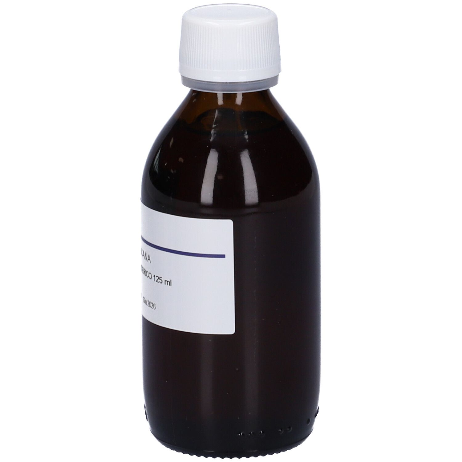 Flacone di vetro marrone con tappo bianco ed etichetta. Scritta: ALNUS INCANA Macerato Glicerico 125 ml. Marchio HERING.